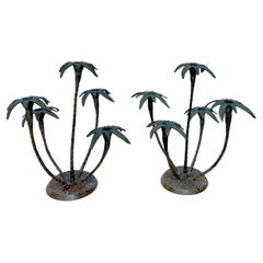Pair Patinated Tole Metal Palm Tree 5 Arm Candlestick Holders