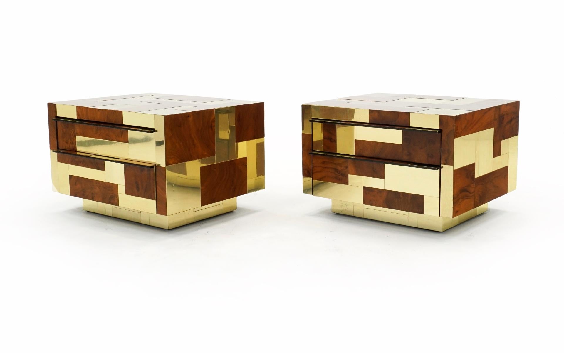 American Pair Paul Evans Cityscape Night Stands, Burl and Brass with Drawers,  Signed For Sale