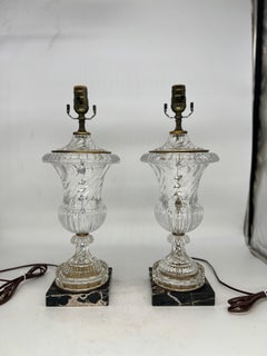 Pair, Paul Hanson Baccarat Style Crystal & Marble Swirl Pattern Table Lamps