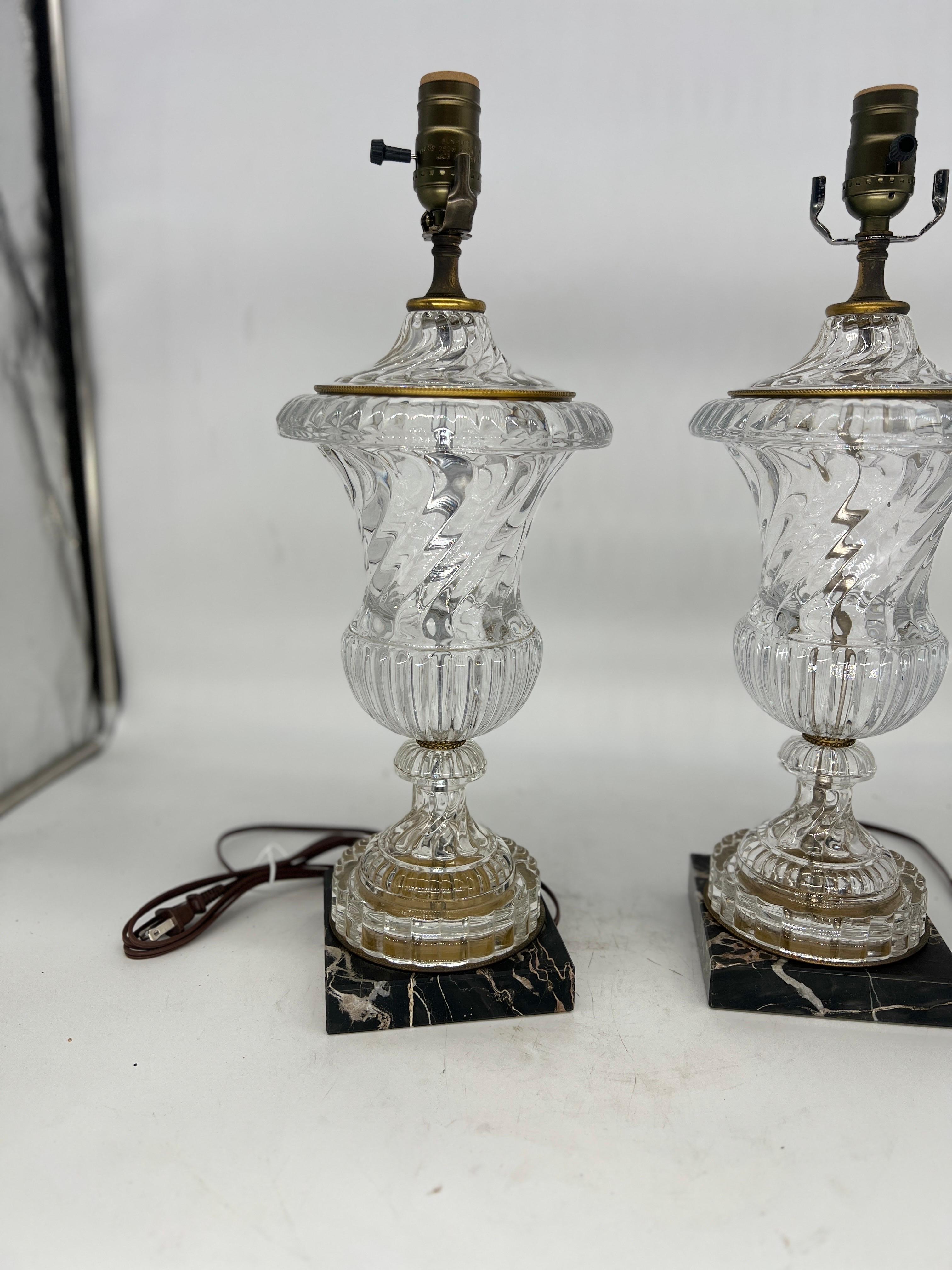 20th Century Pair, Paul Hanson Baccarat Style Crystal & Marble Swirl Pattern Table Lamps  For Sale