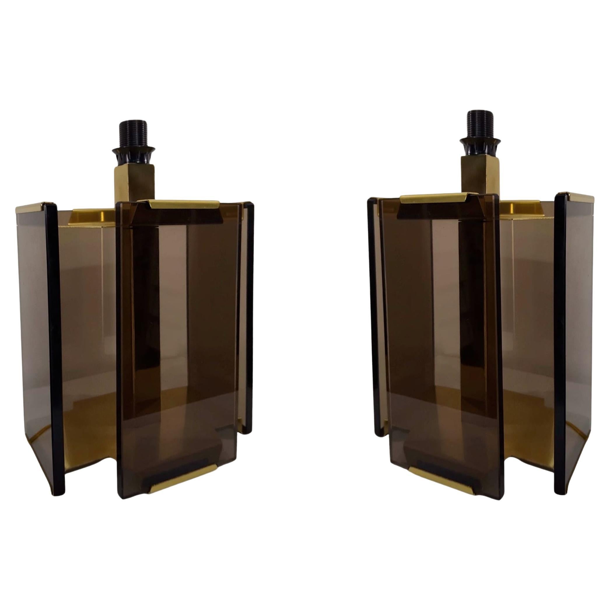 Pair Paul Hanson Brass & Smoked Glass Table Lamps by Fratelli Melani Italy 1970s