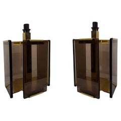 Pair Paul Hanson Brass & Smoked Glass Table Lamps by Fratelli Melani Italy 1970s