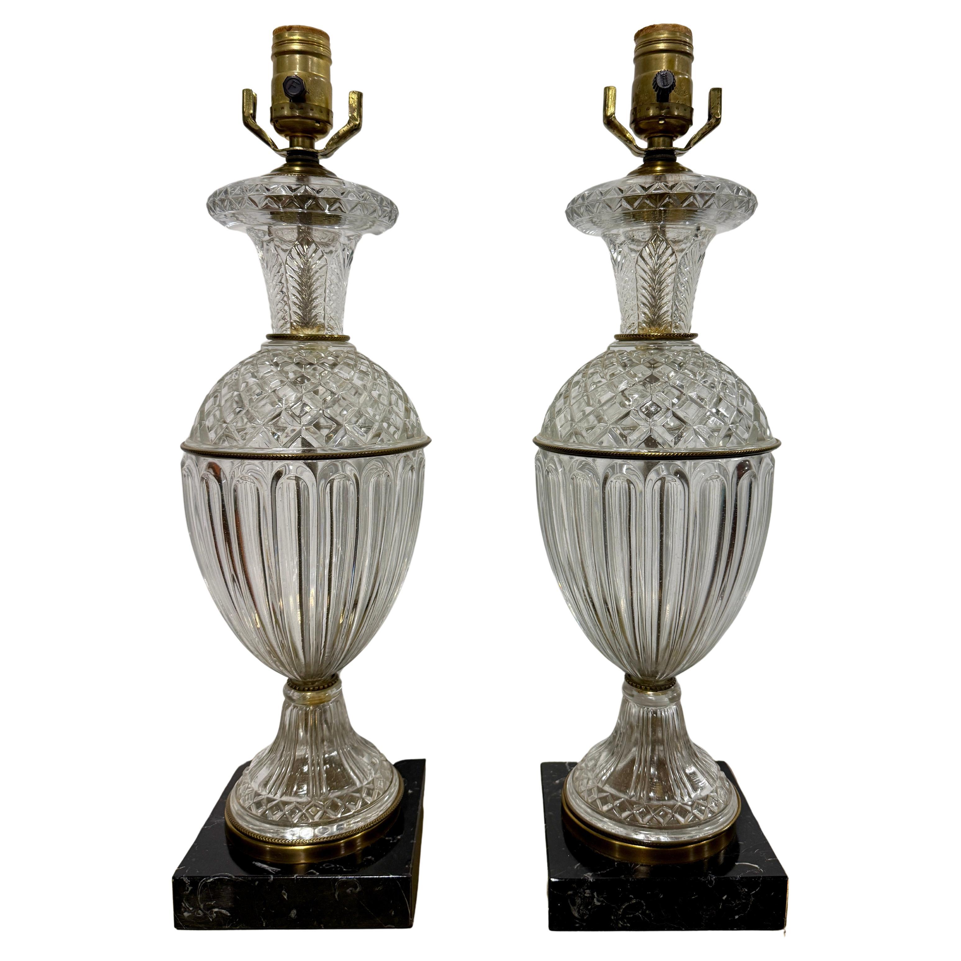 Pair, Paul Hanson Cut Crystal, Ormolu & Marble Table Lamps, Mid-20th Century