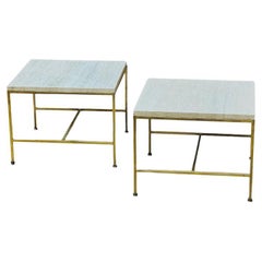 Paar Paul McCobb Messinggestell Beistell-/Endtisch Travertinplatte, 1960