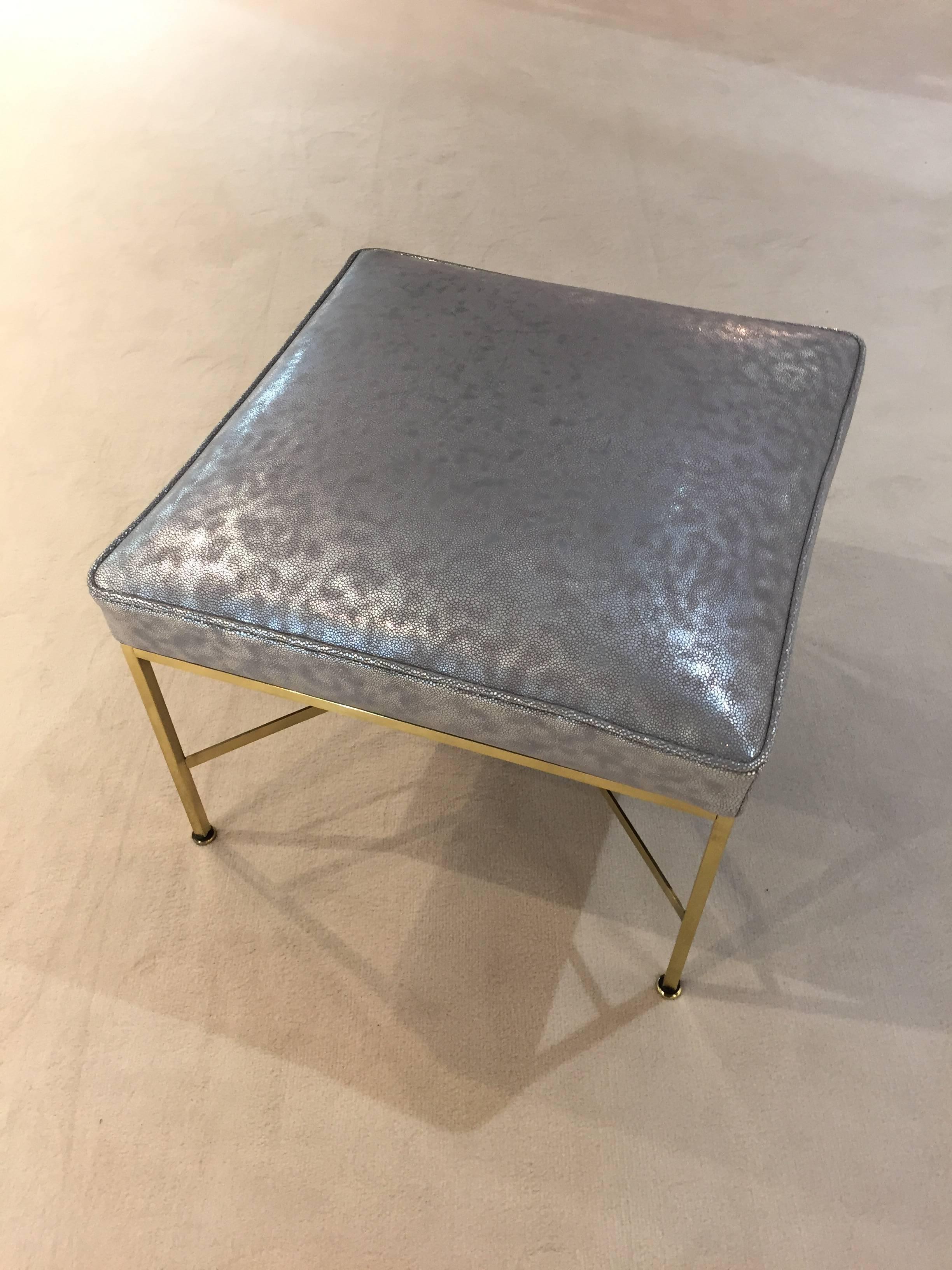 Mid-Century Modern Pair of Paul McCobb Brass Stools Silver Shagreen Leather For Sale