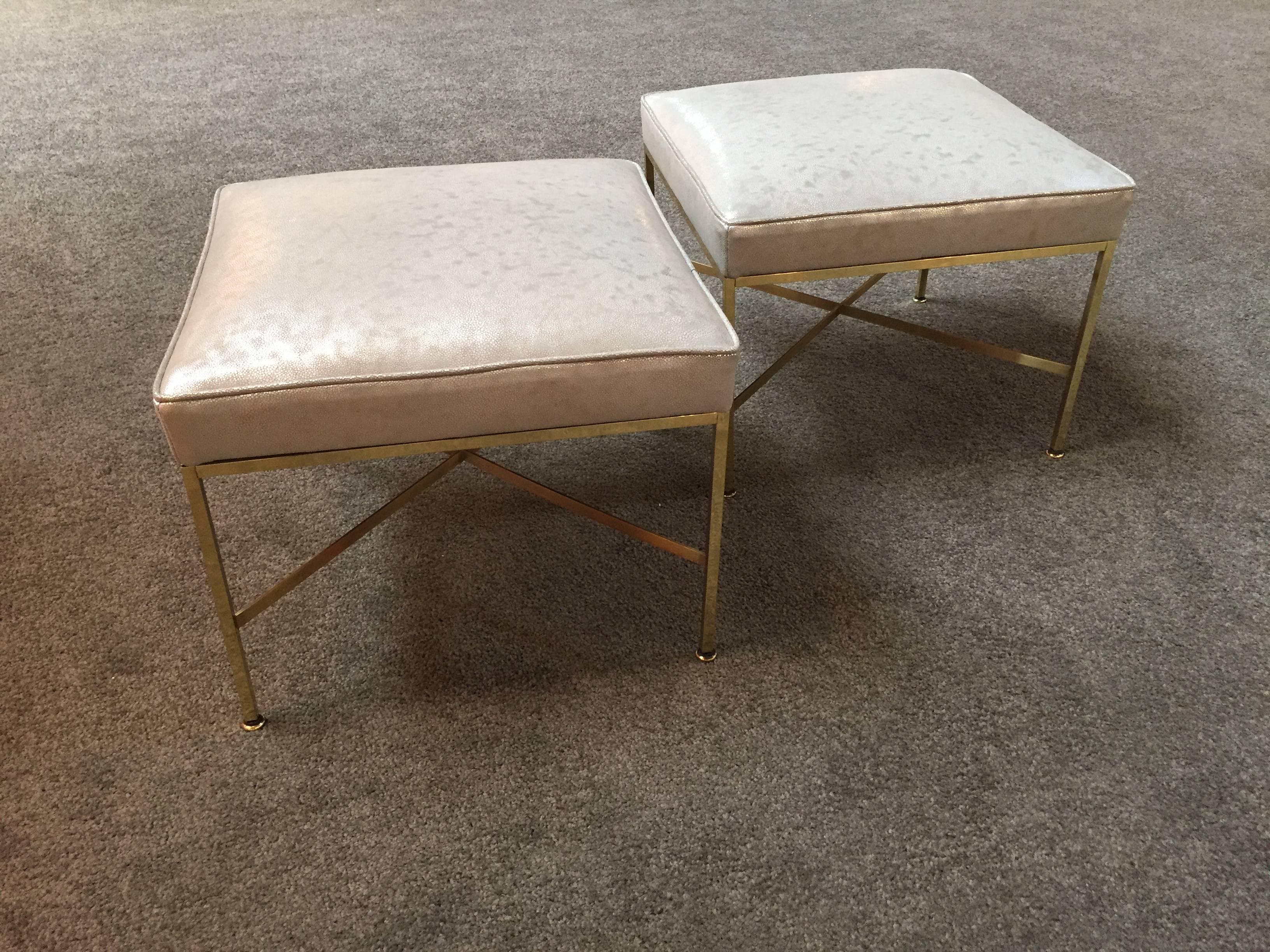 American Pair of Paul McCobb Brass Stools Silver Shagreen Leather For Sale