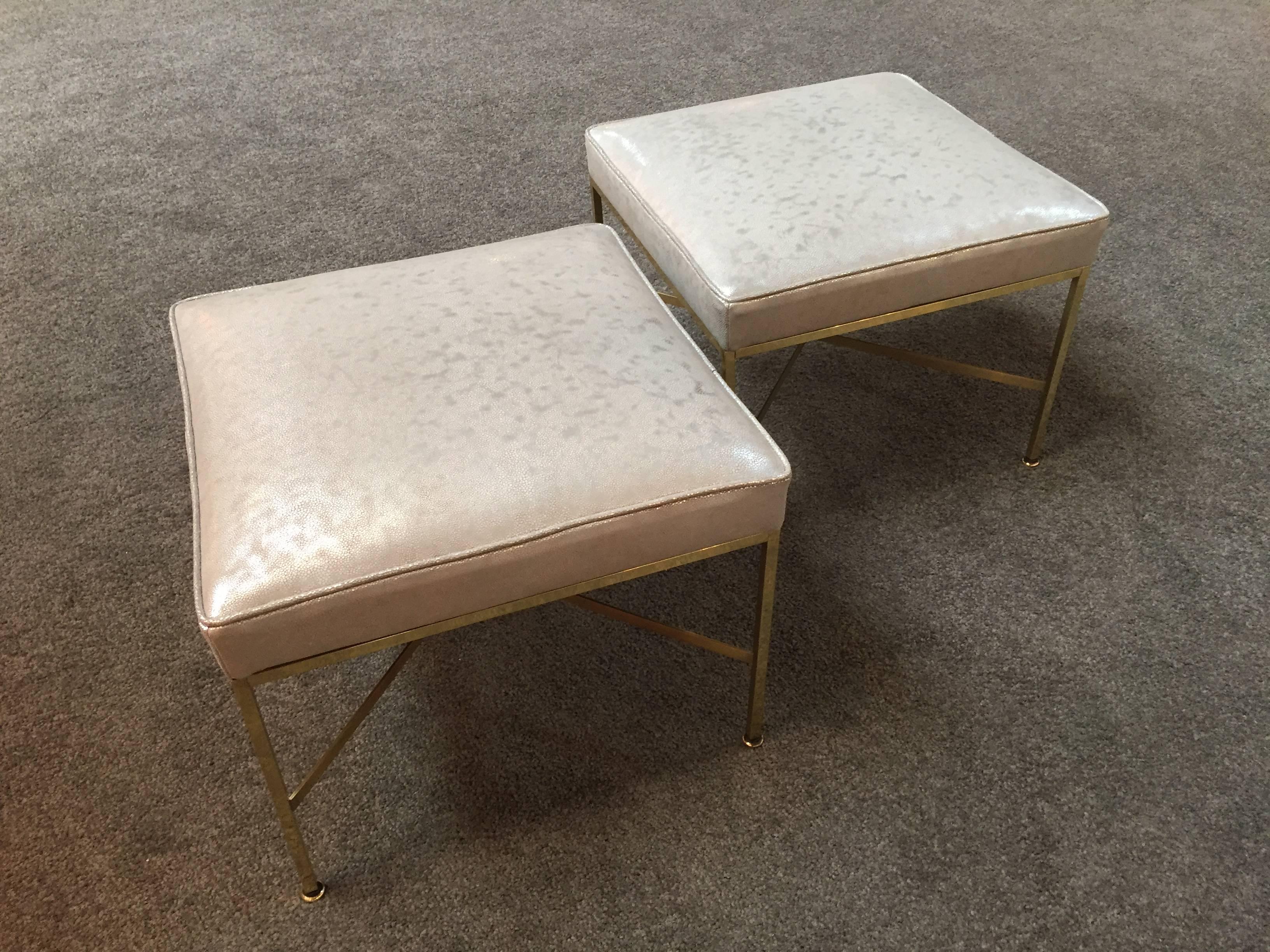 Polished Pair of Paul McCobb Brass Stools Silver Shagreen Leather For Sale