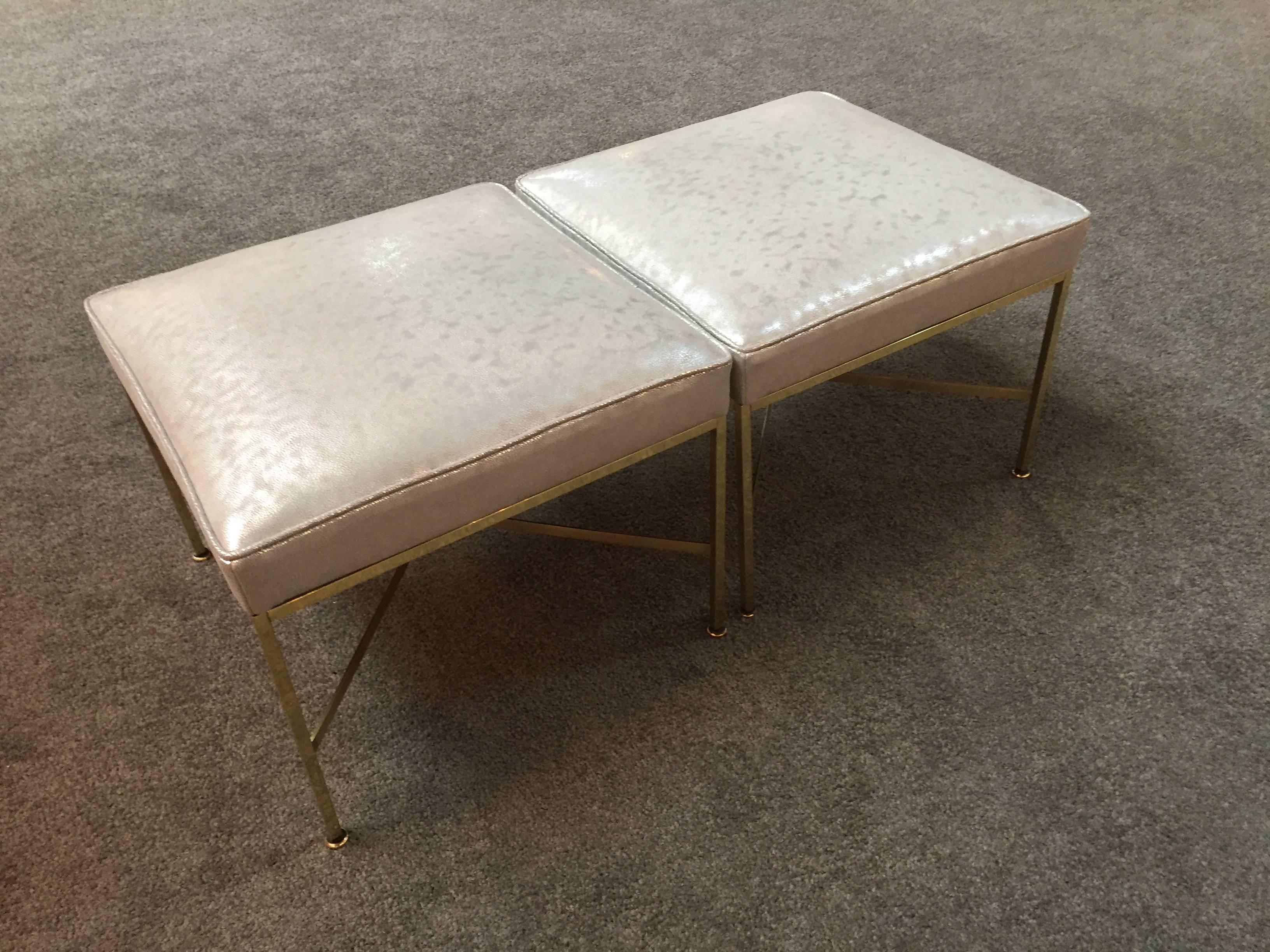 Pair of Paul McCobb Brass Stools Silver Shagreen Leather In Excellent Condition For Sale In Westport, CT