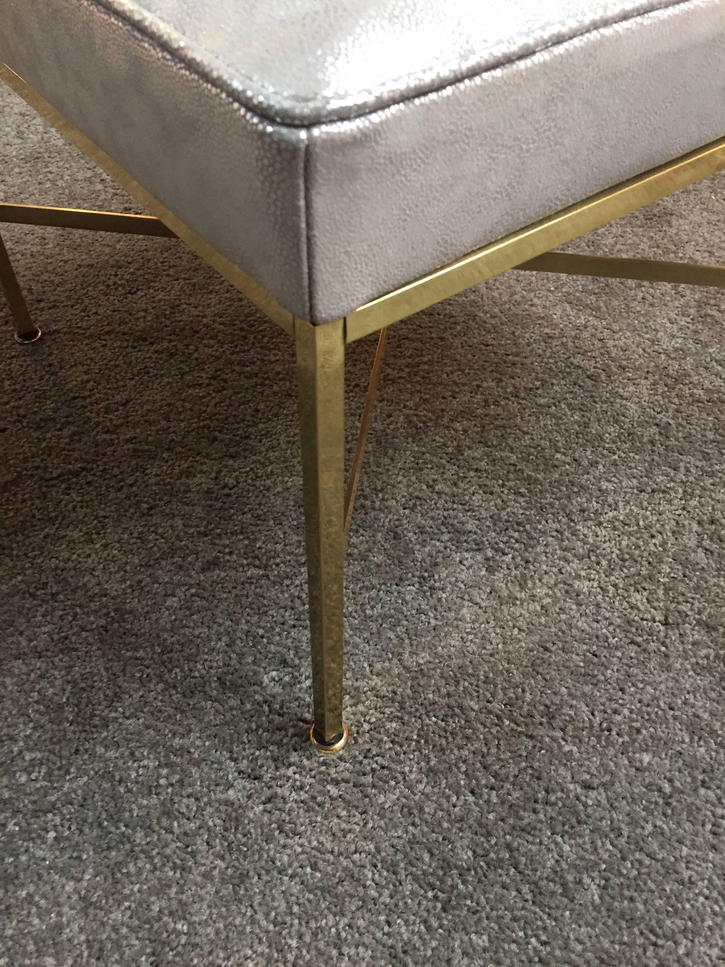 Pair of Paul McCobb Brass Stools Silver Shagreen Leather For Sale 2