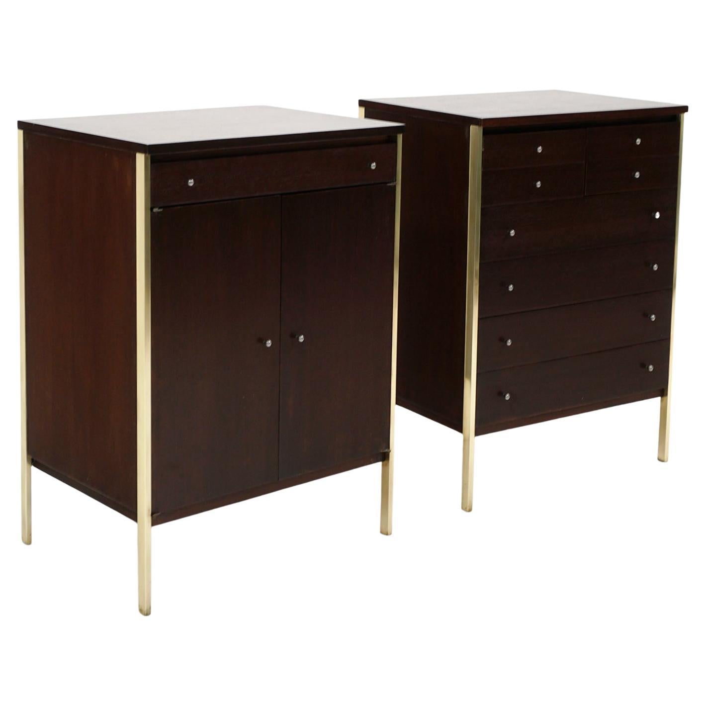 Pair Paul McCobb Cabinets in Mahogany and Polished Brass, Connoisseur Collection