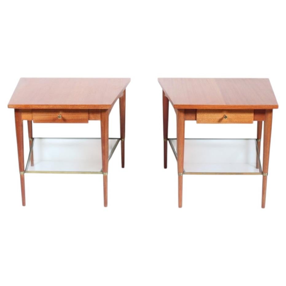Pair Paul McCobb "Connoisseur Collection" Trapezoid Mahogany & Brass Side Tables For Sale
