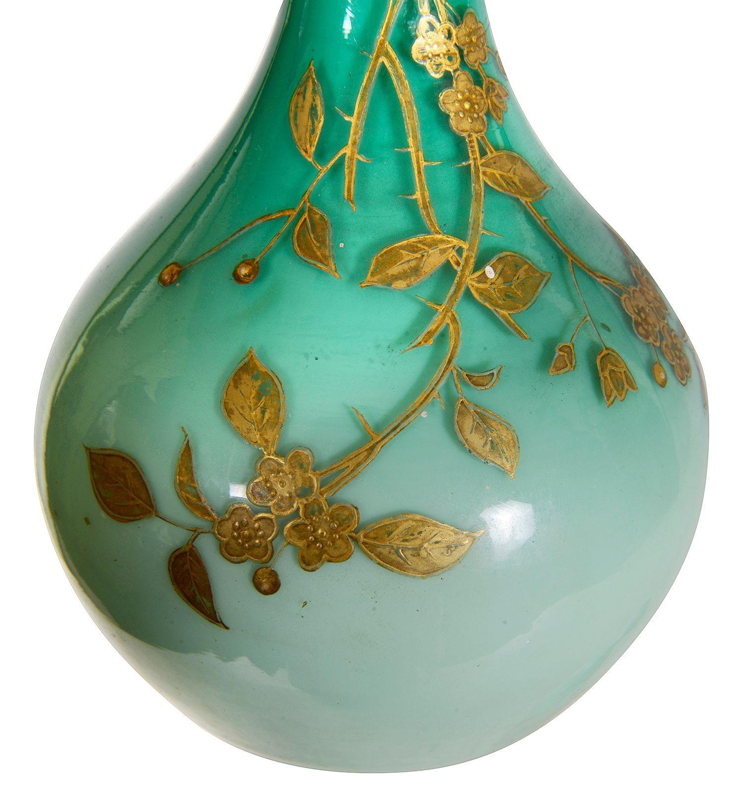 Gilt Pair Peachblow Bohemian glass vases, circa 1890. For Sale