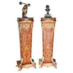 Pair Pedestal Stands French Empire Tall Tables Inlay