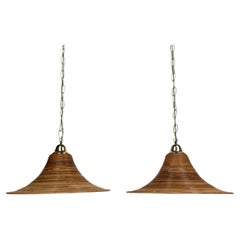 Pair Pencil Reed Rattan Bamboo and Brass Pendants, Italy, 1970s
