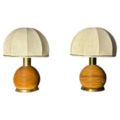 Pair pencil reed rattan bamboo brass bedside mushroom table lamps, Italy 1970s