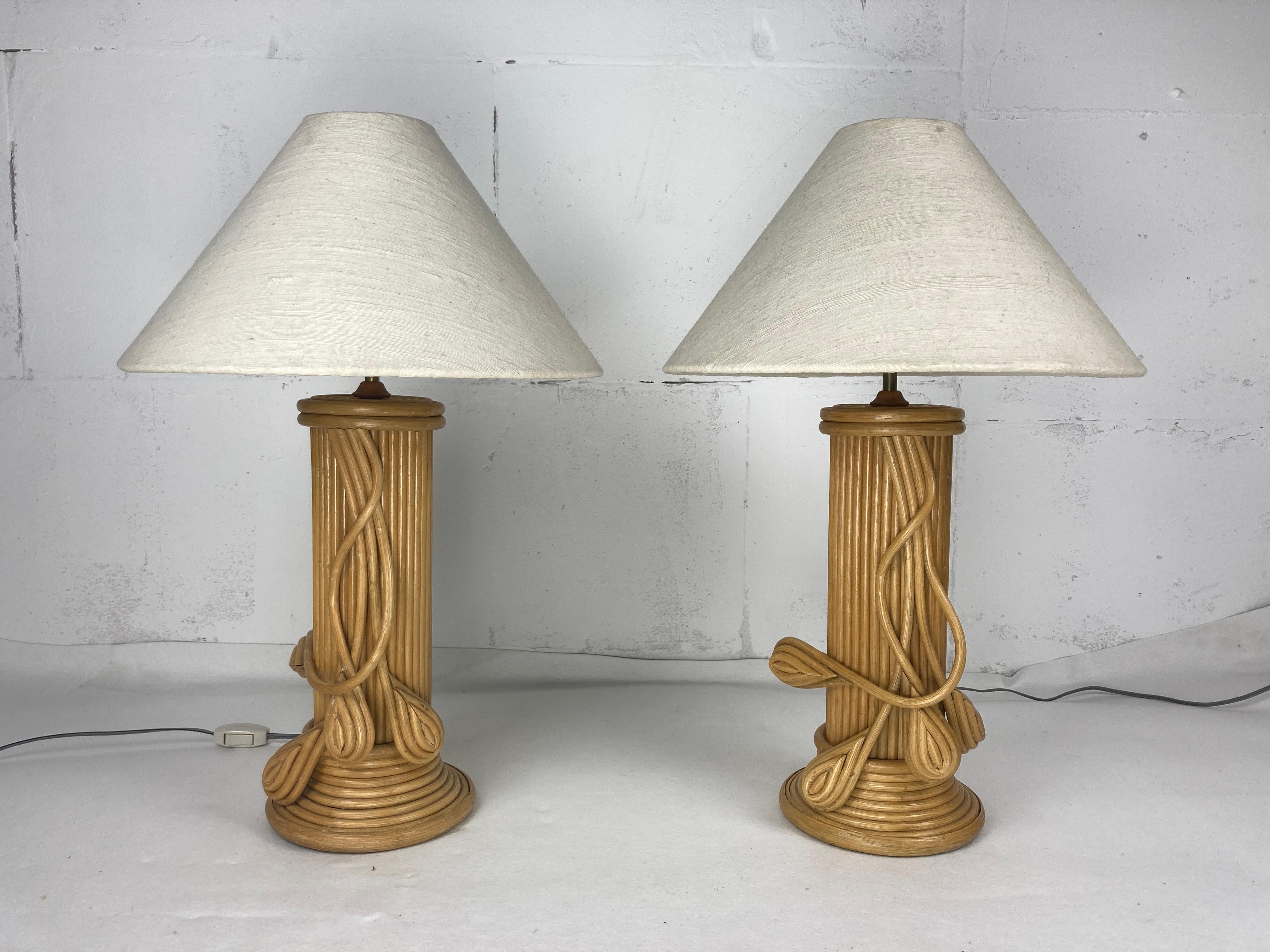 Pair pencil reed rattan bamboo large table lamps, Vivai del Sud, Italy 1970s In Good Condition In Zaandam, NL