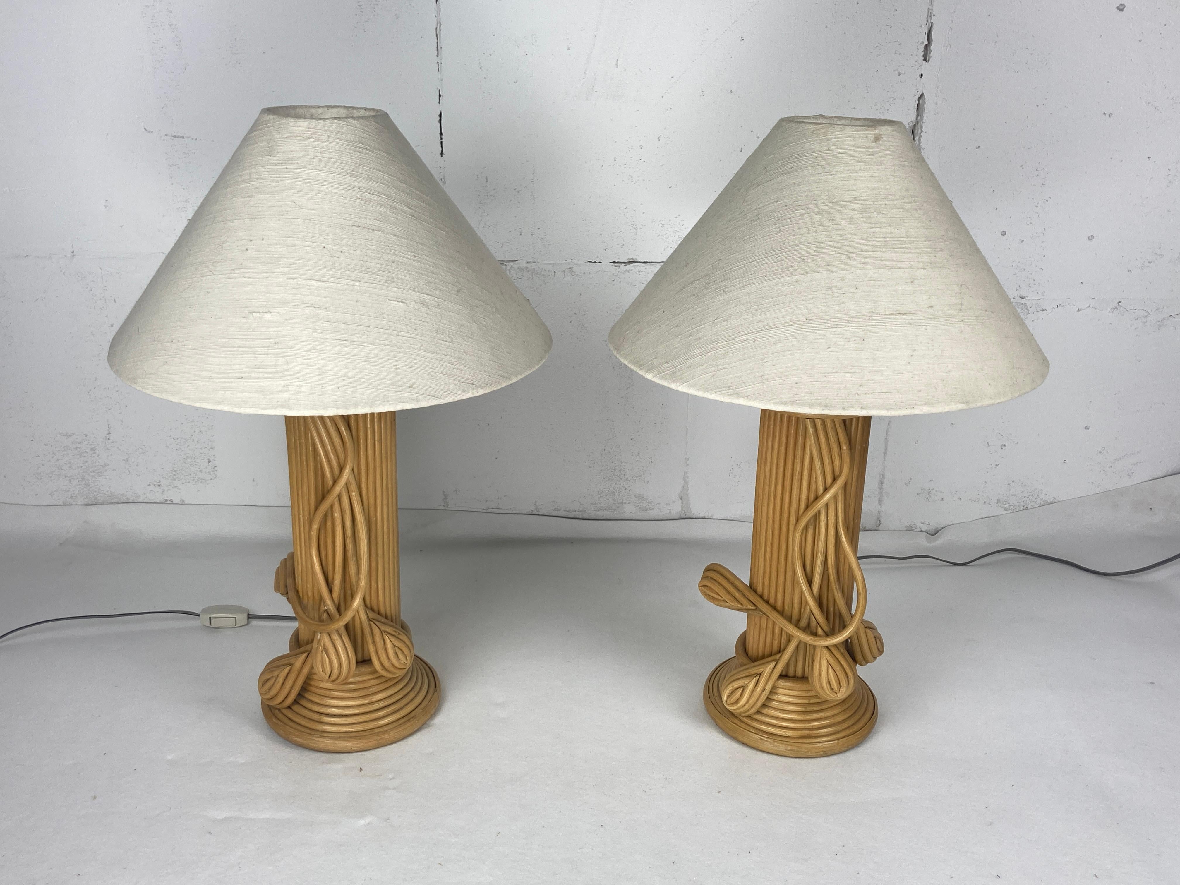 20th Century Pair pencil reed rattan bamboo large table lamps, Vivai del Sud, Italy 1970s