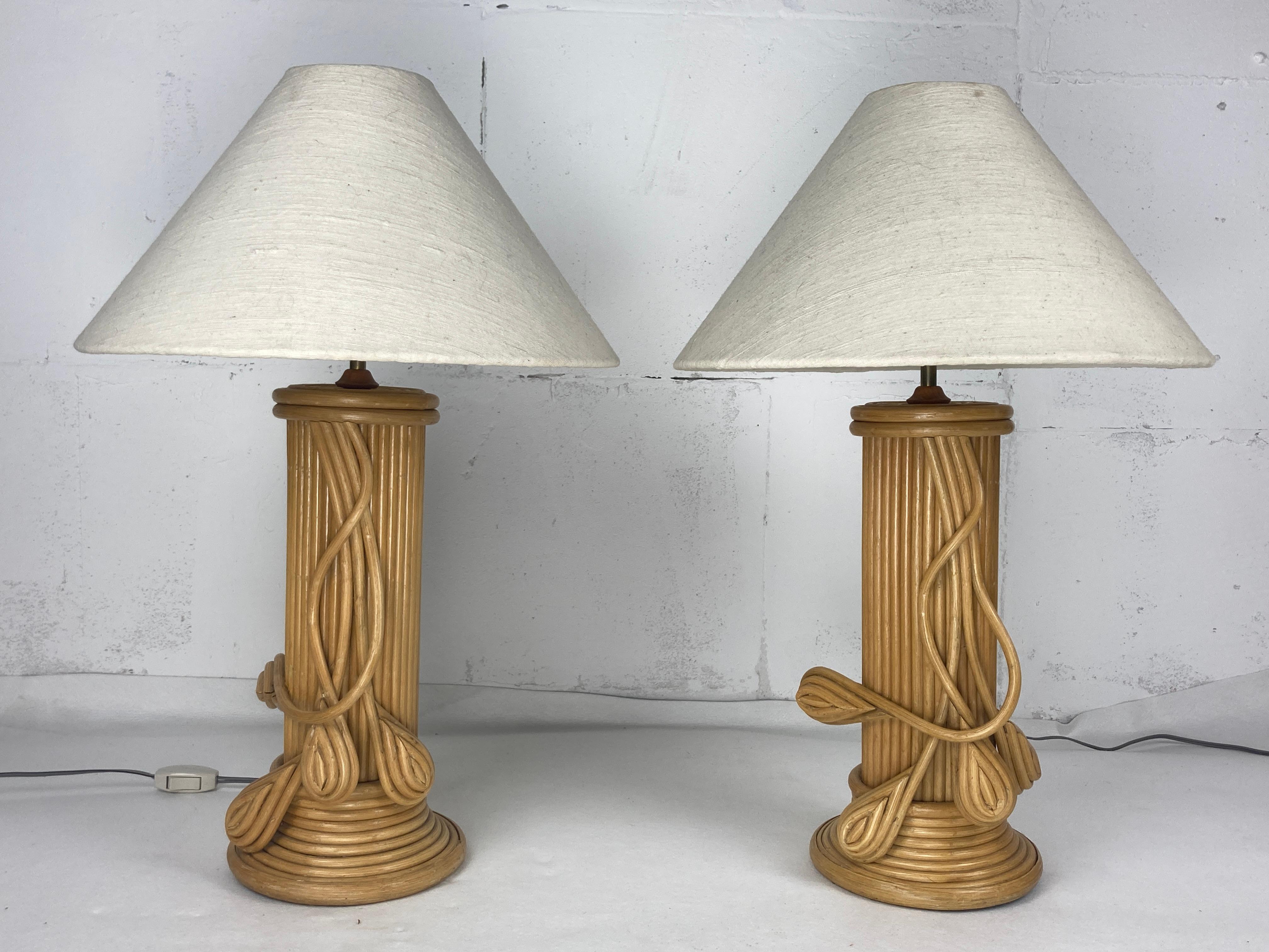 Brass Pair pencil reed rattan bamboo large table lamps, Vivai del Sud, Italy 1970s