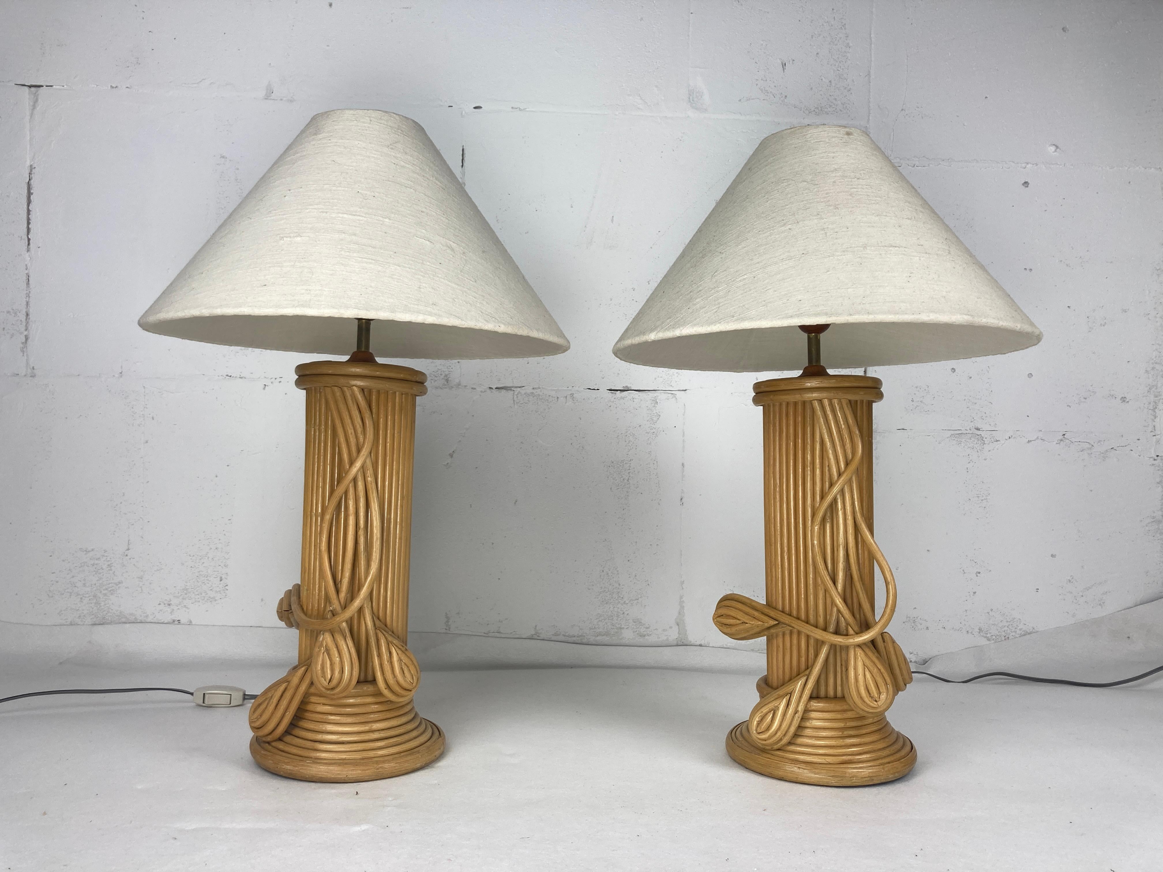 Pair pencil reed rattan bamboo large table lamps, Vivai del Sud, Italy 1970s 1