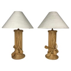 Pair pencil reed rattan bamboo large table lamps, Vivai del Sud, Italy 1970s