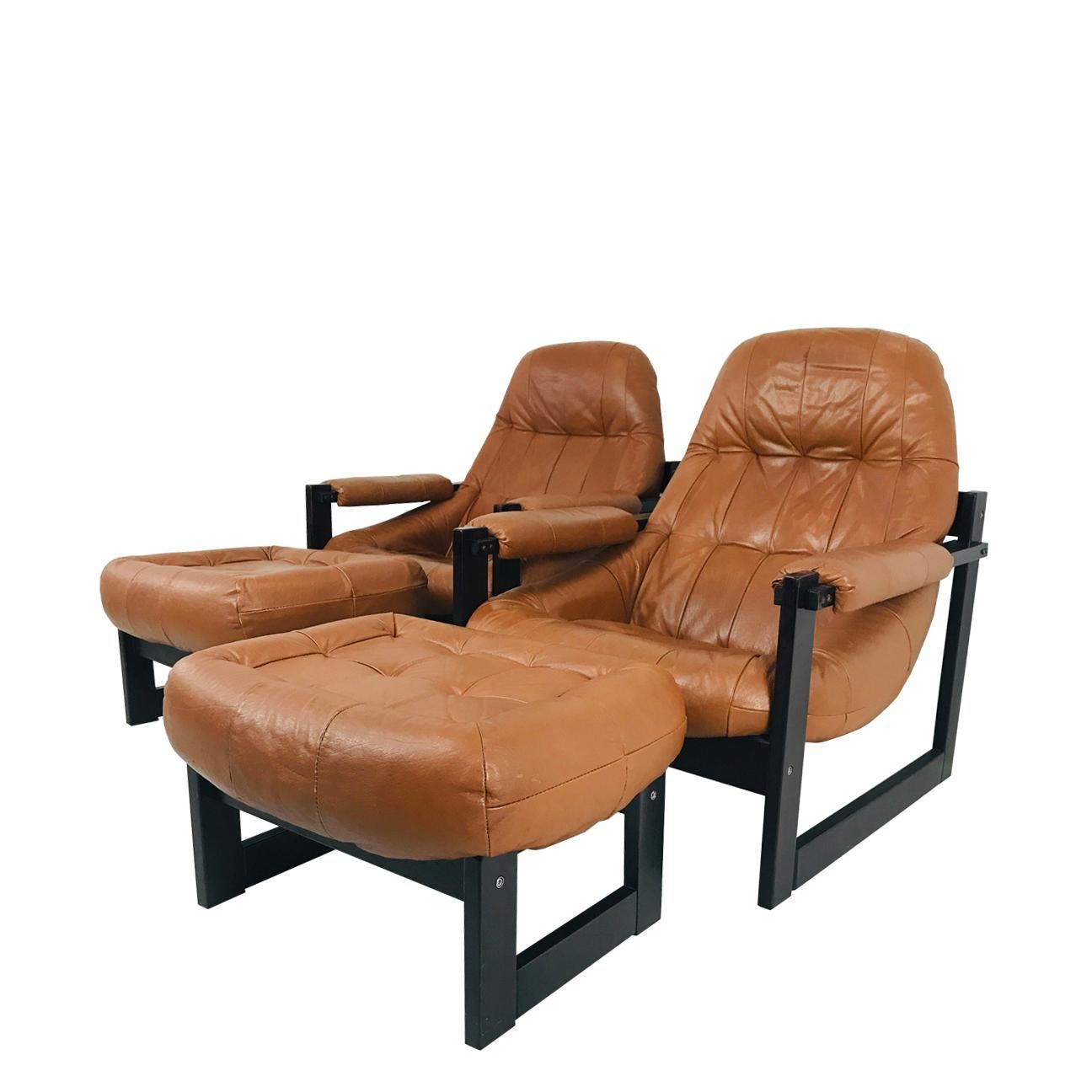 Pair Percival Lafer Leather and Wood Lounge Chairs and Ottomans