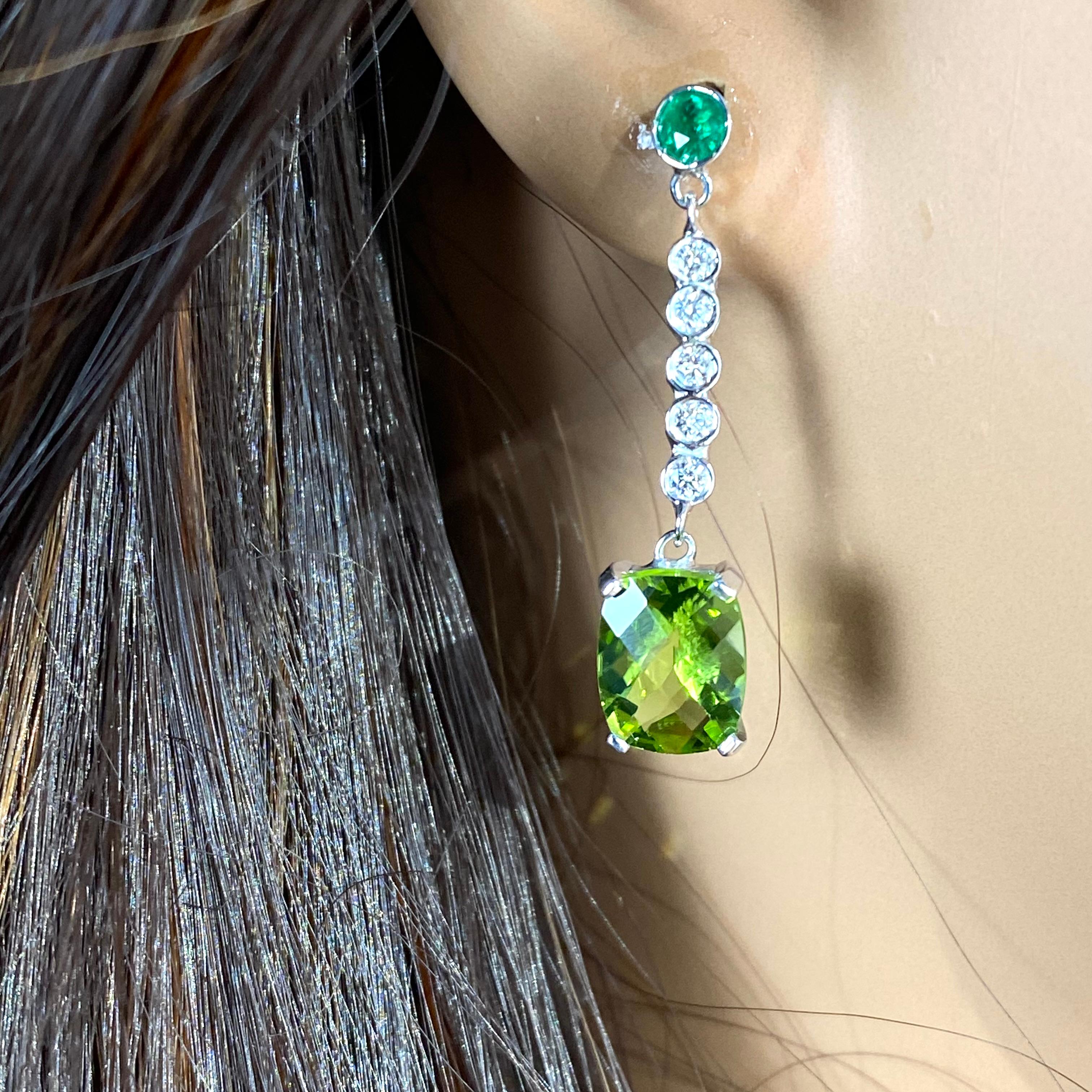 Oval Cut Pair Peridot Diamonds Emeralds 4.85 Carat Lariat White Gold 1.20 Inch Earrings  For Sale