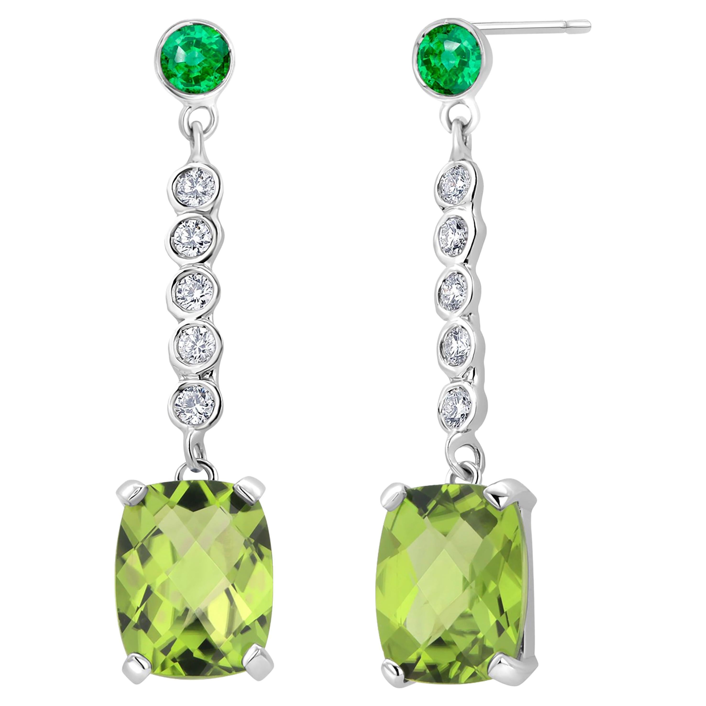 Pair Peridot Diamonds Emeralds 4.85 Carat Lariat White Gold 1.20 Inch Earrings  For Sale