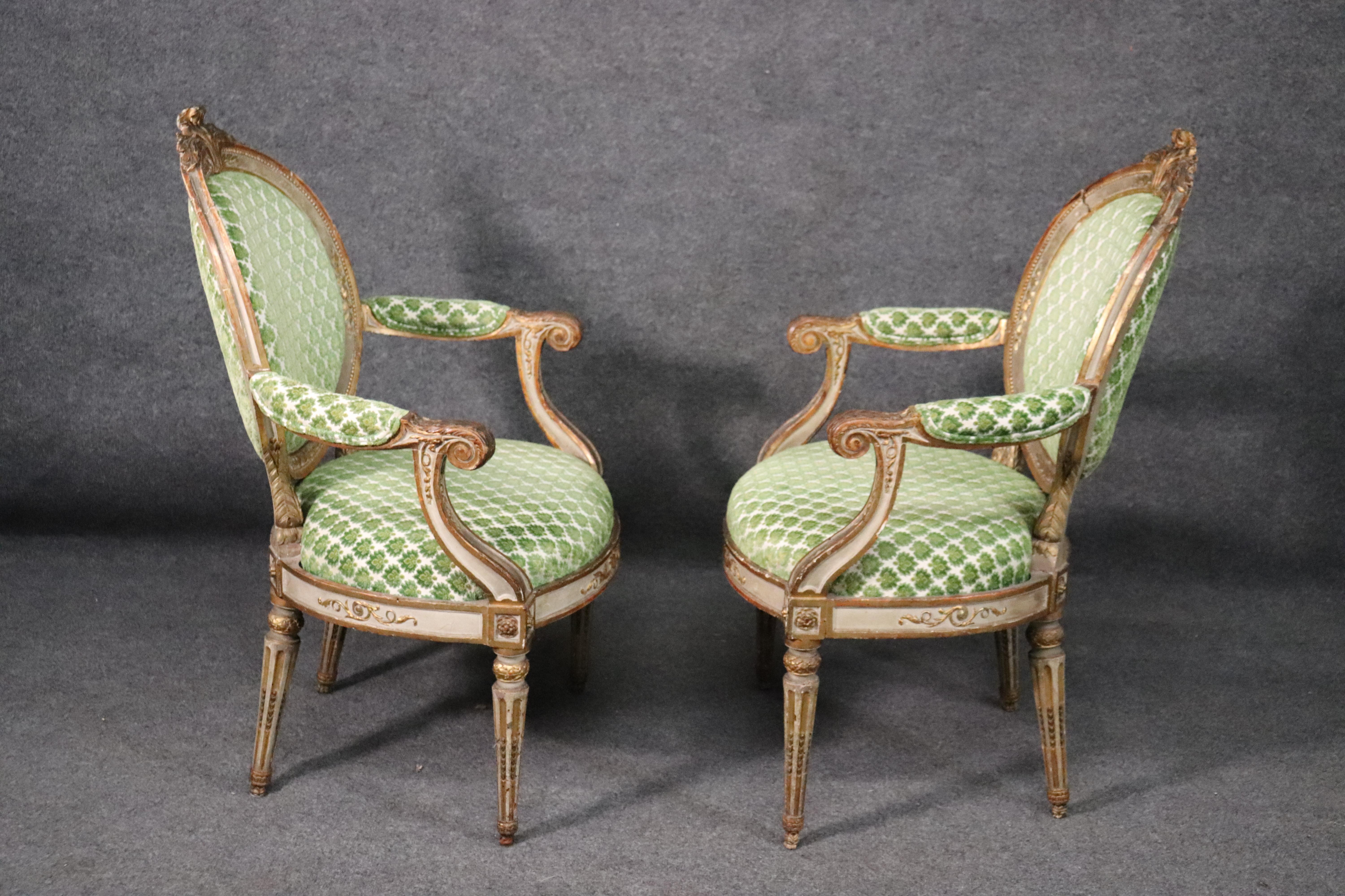 Period 1780s French Louis XVI Gilded and Painted Dining Armchairs Fauteuil, Pair 5