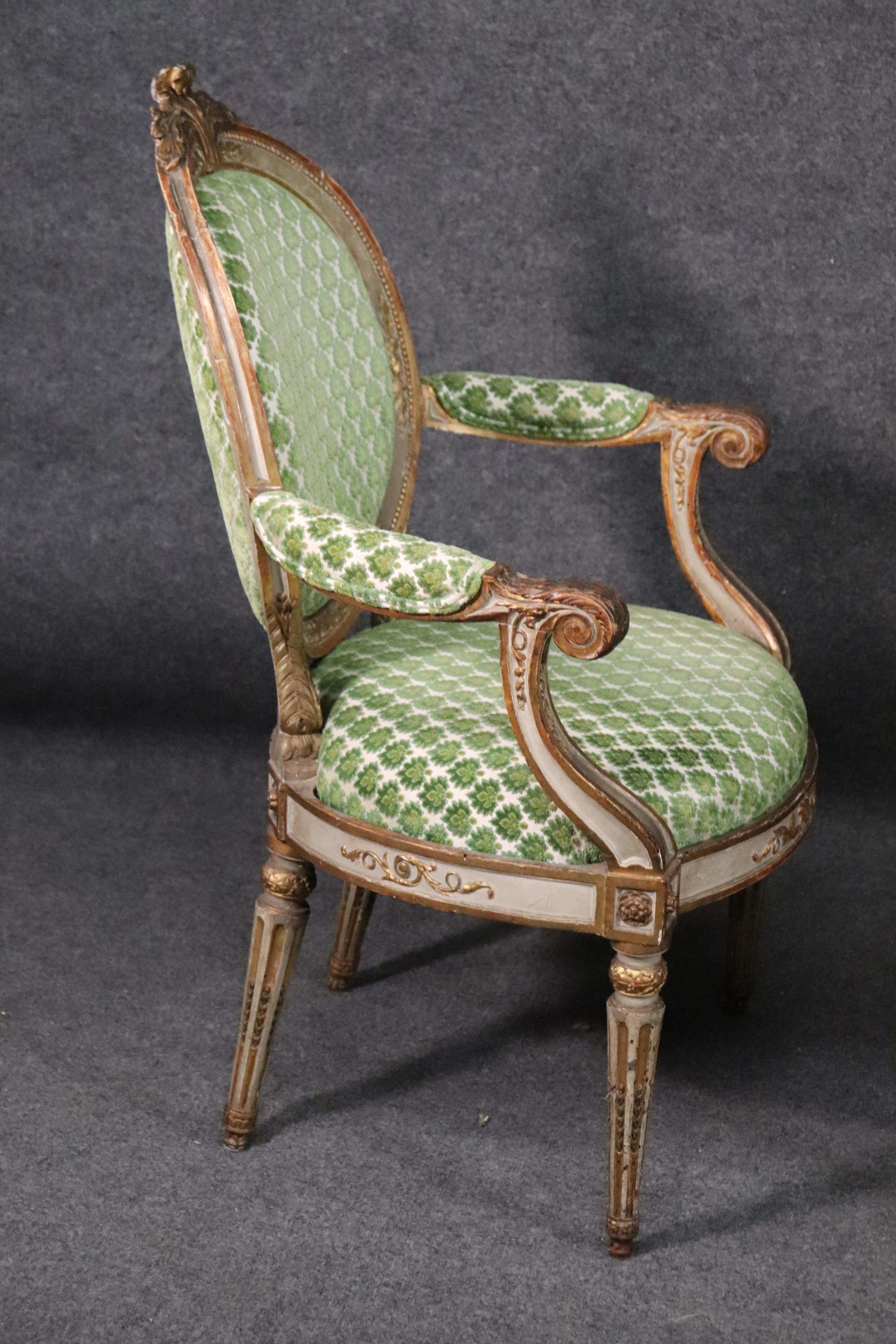 Period 1780s French Louis XVI Gilded and Painted Dining Armchairs Fauteuil, Pair 6