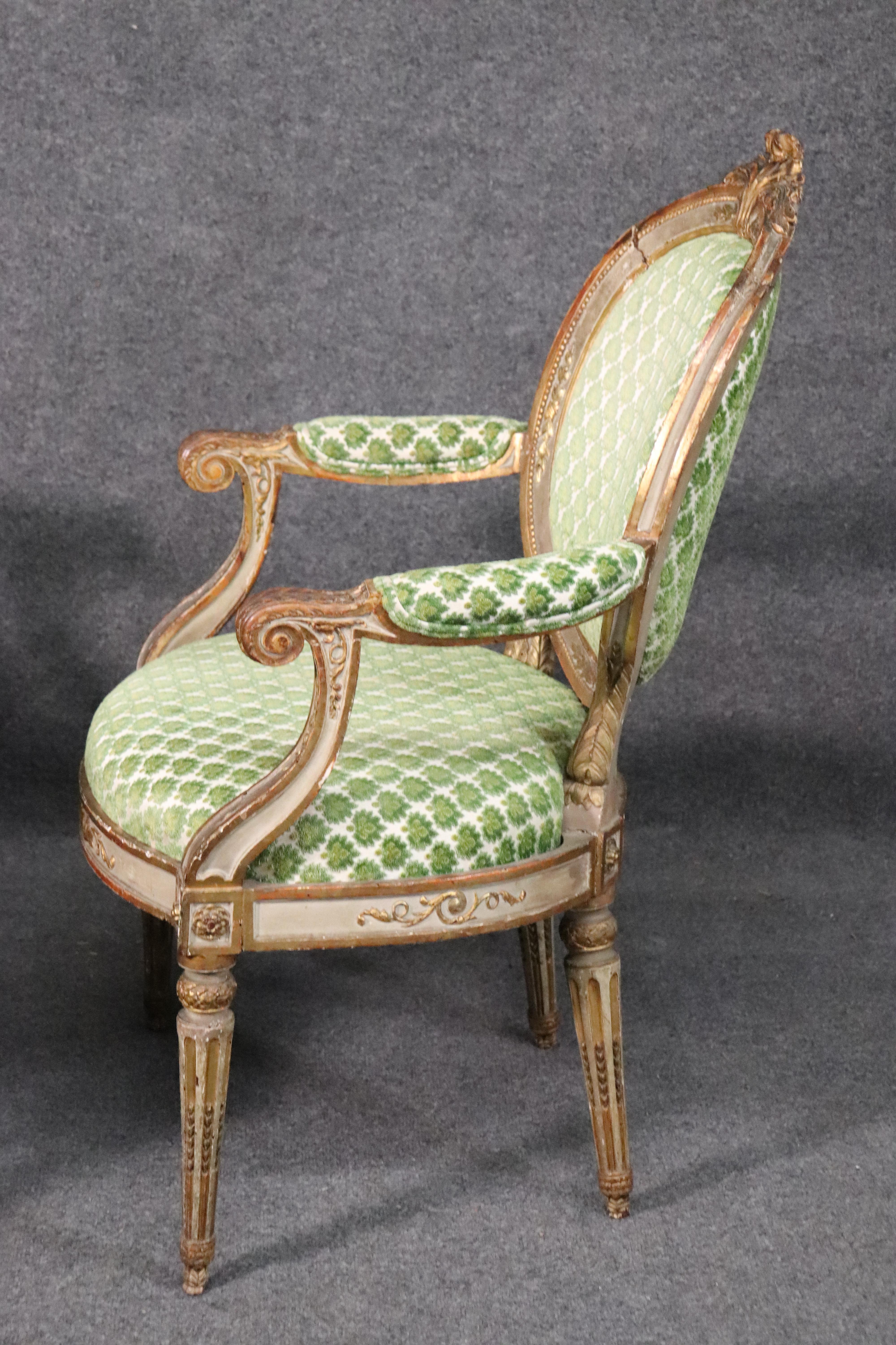 Period 1780s French Louis XVI Gilded and Painted Dining Armchairs Fauteuil, Pair 7