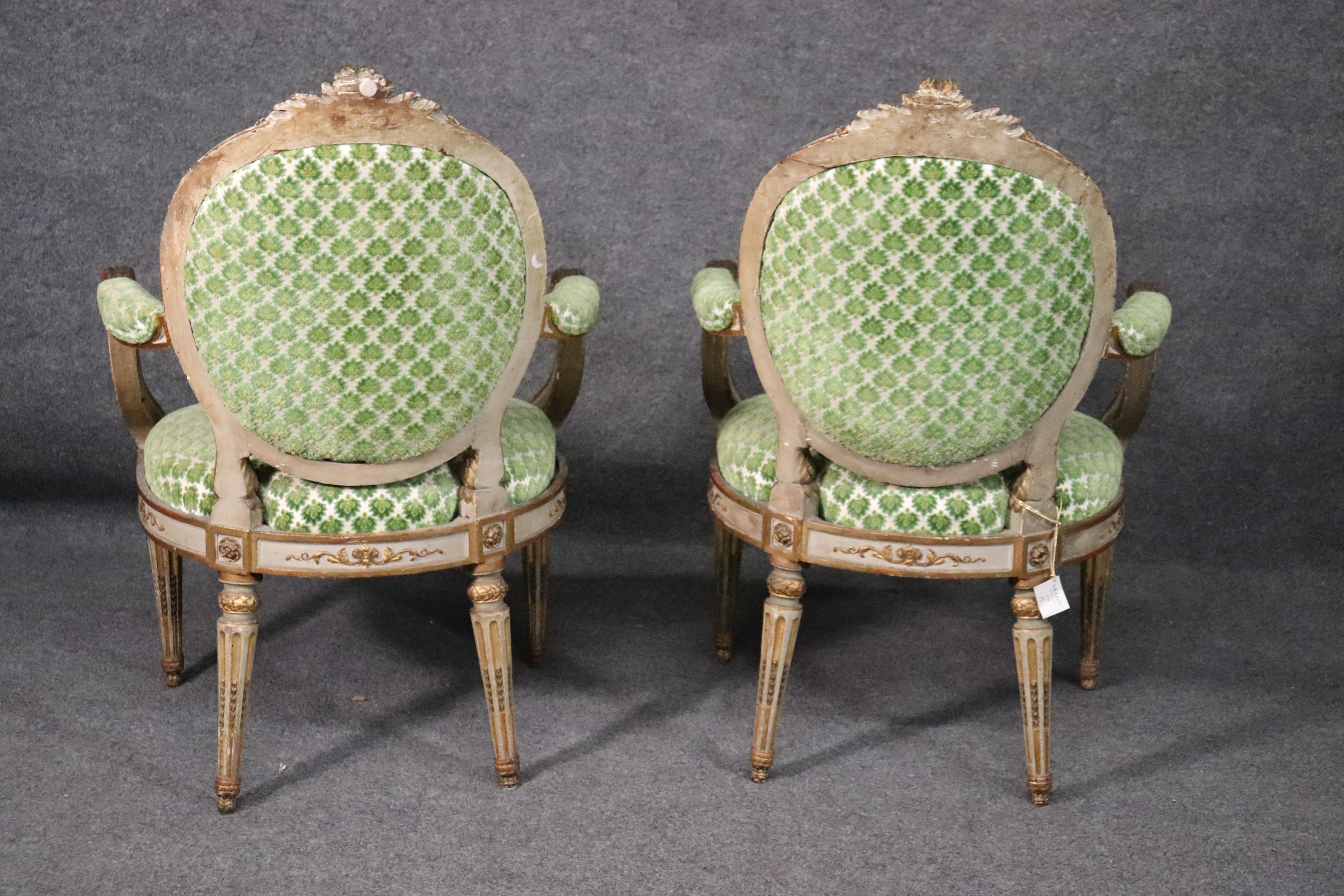 Period 1780s French Louis XVI Gilded and Painted Dining Armchairs Fauteuil, Pair 8