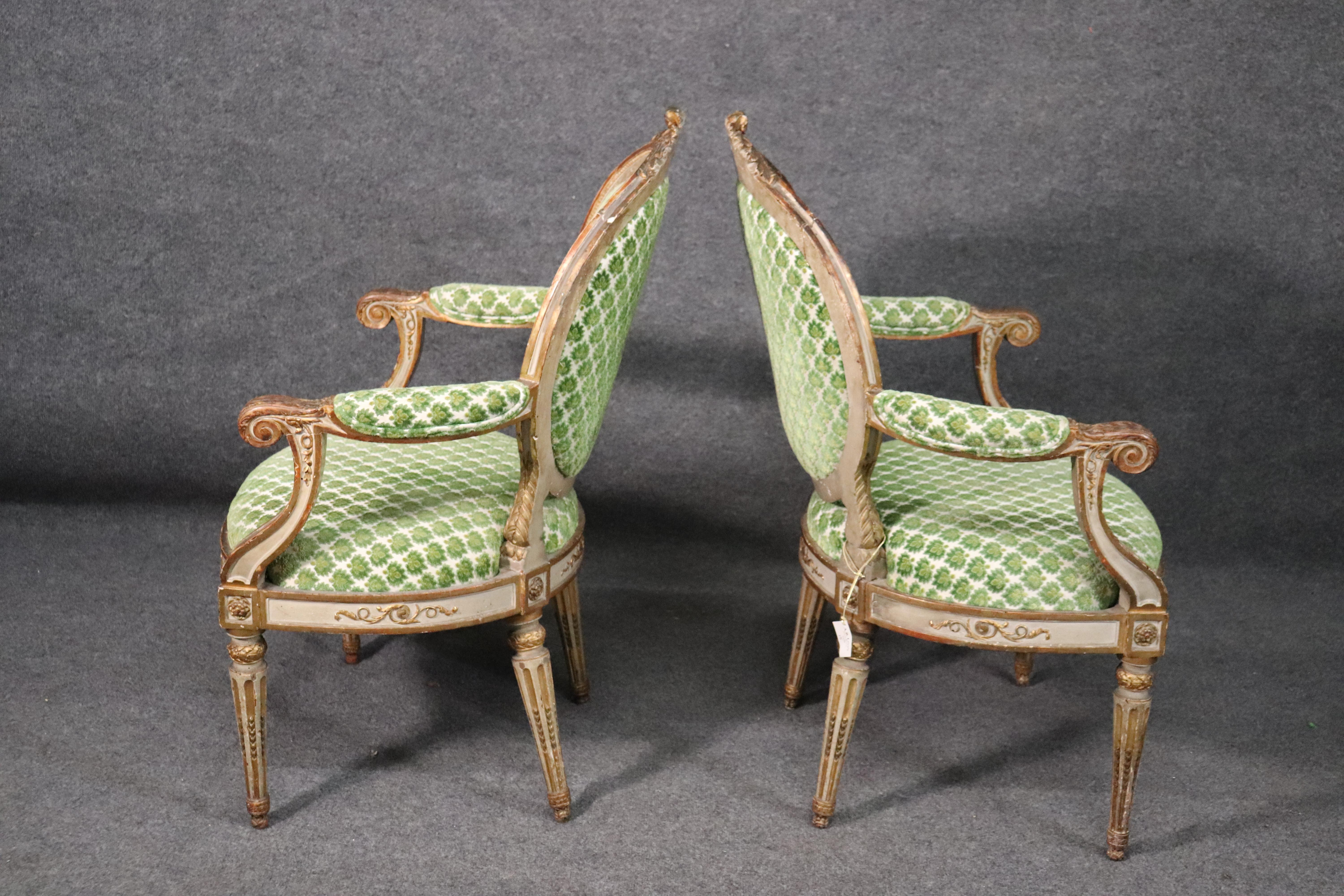 Period 1780s French Louis XVI Gilded and Painted Dining Armchairs Fauteuil, Pair 9