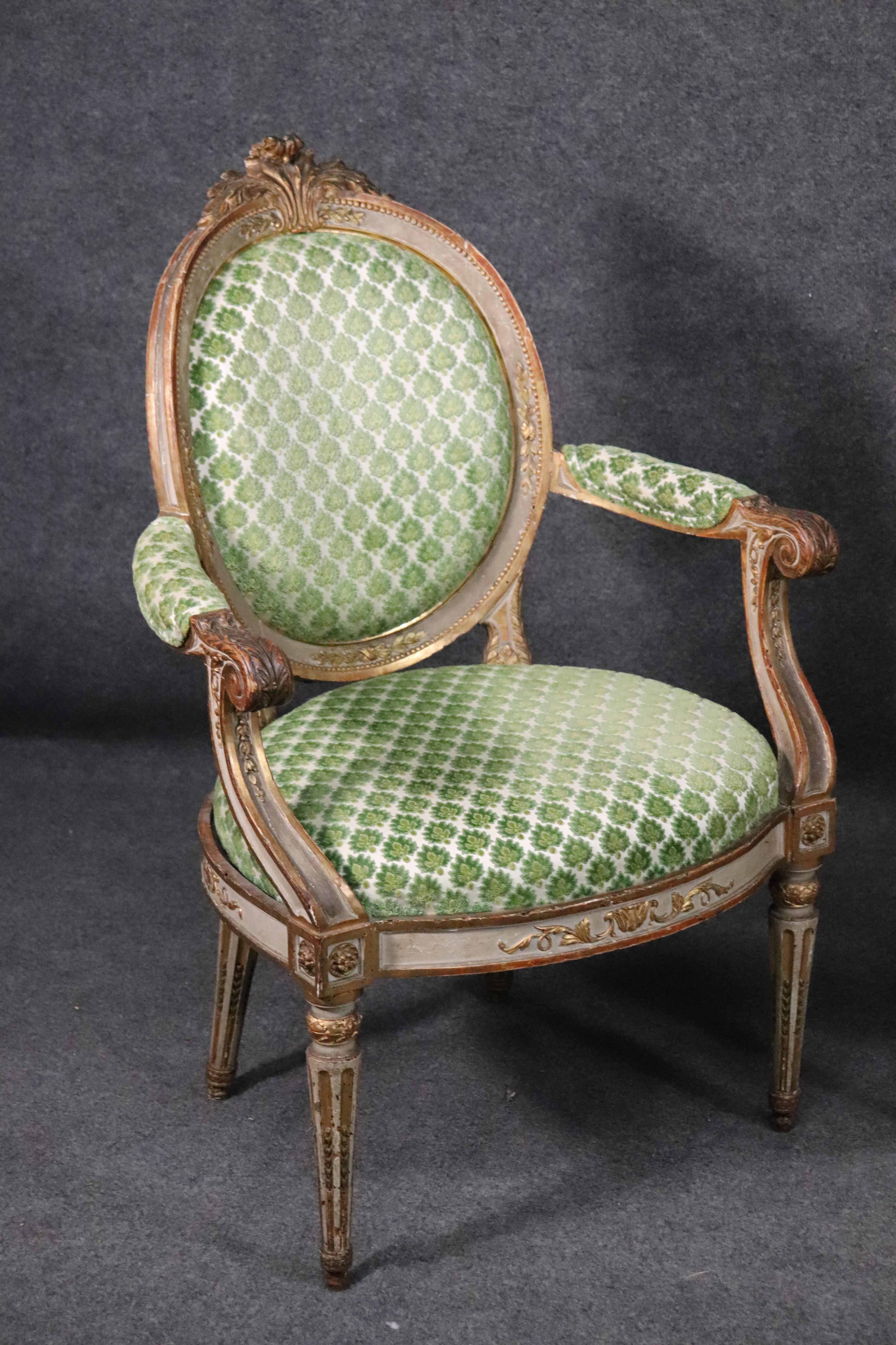 Period 1780s French Louis XVI Gilded and Painted Dining Armchairs Fauteuil, Pair In Good Condition In Swedesboro, NJ