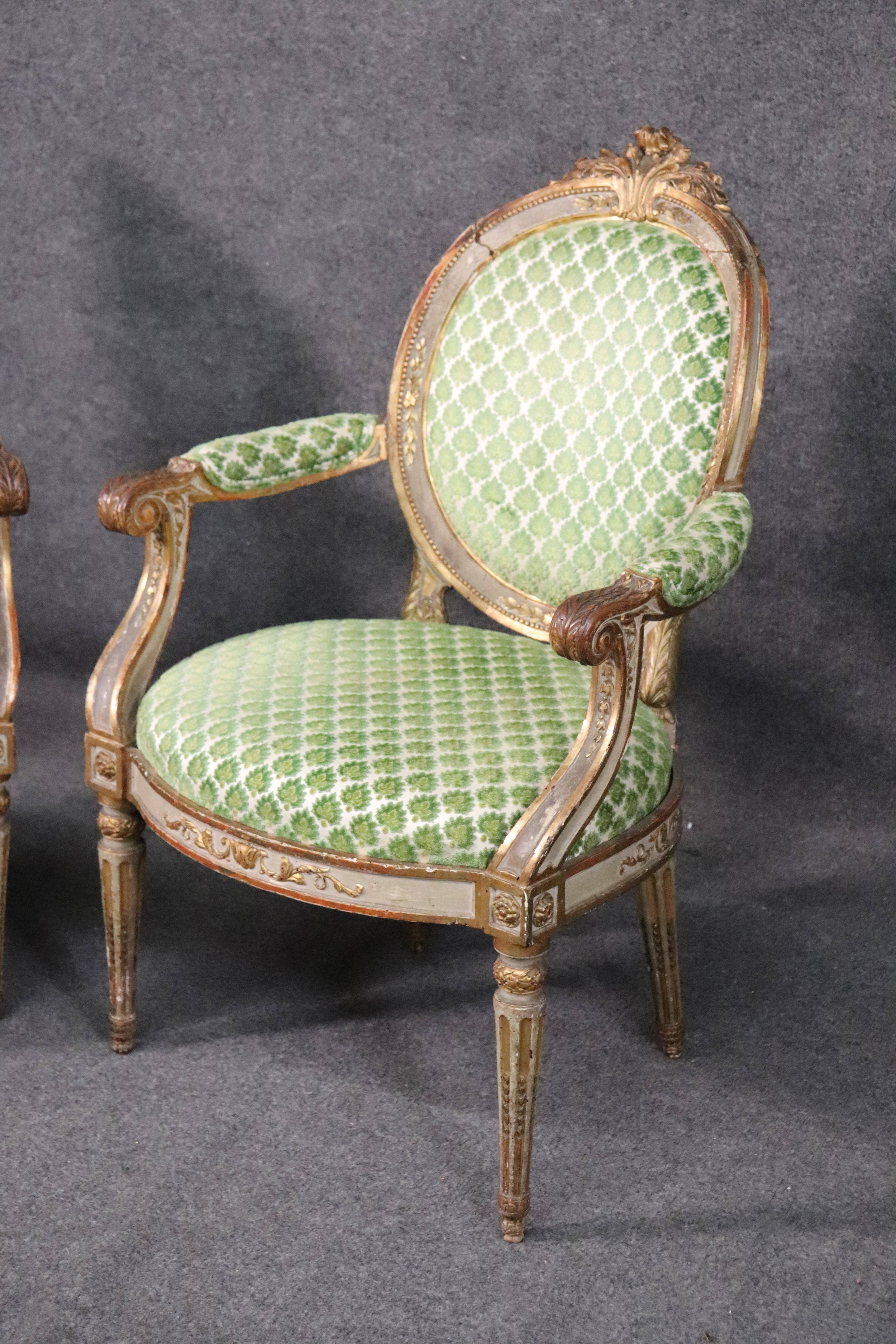 Late 18th Century Period 1780s French Louis XVI Gilded and Painted Dining Armchairs Fauteuil, Pair