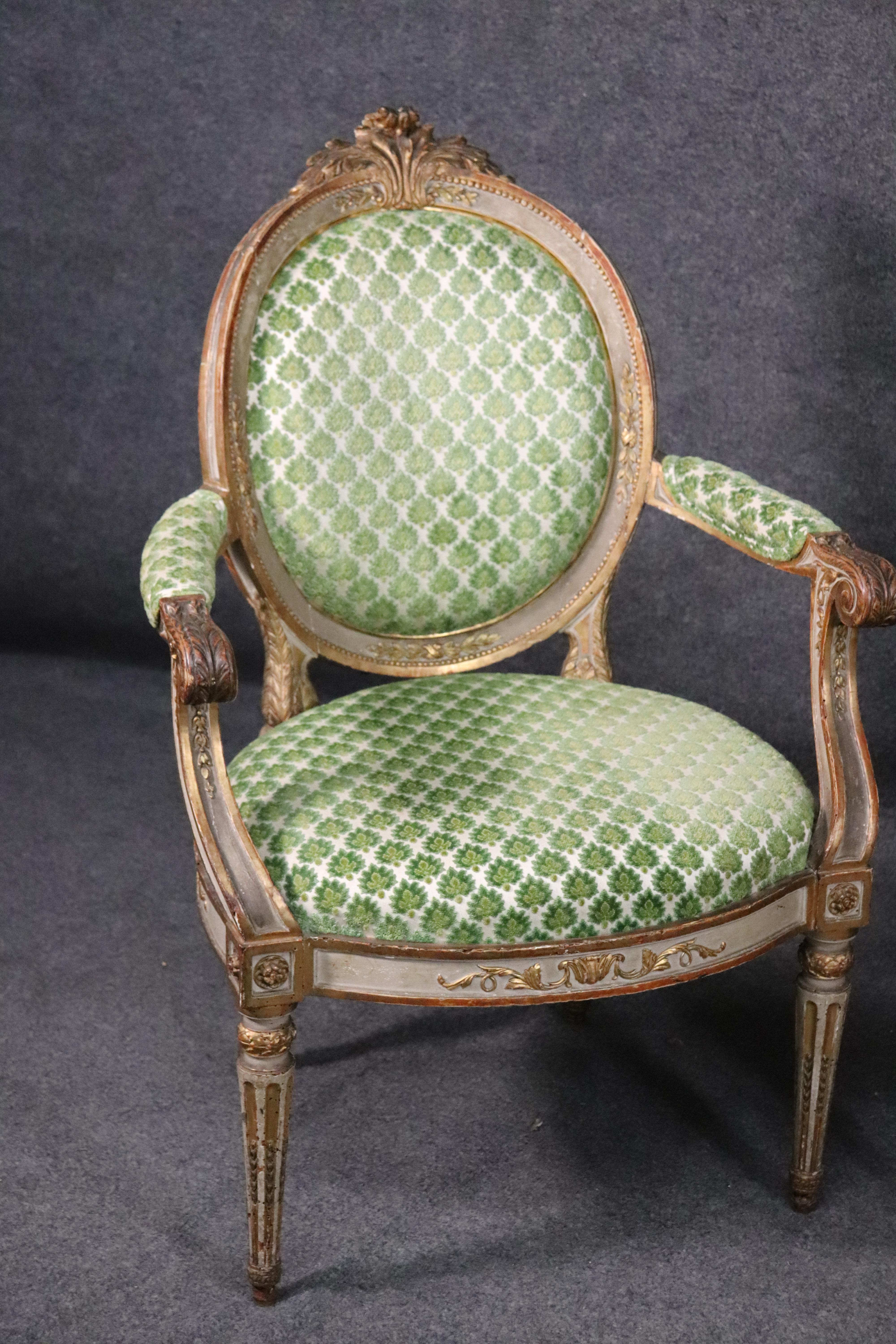 Beech Period 1780s French Louis XVI Gilded and Painted Dining Armchairs Fauteuil, Pair