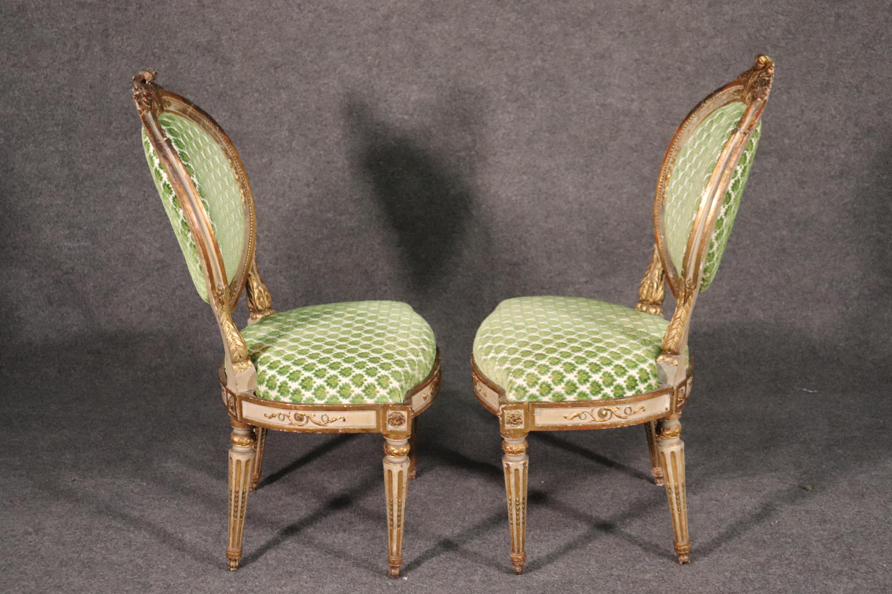 Late 18th Century Pair of Period French 1780s Era Louis XVI Paint Decorated Gilded Side Chairs