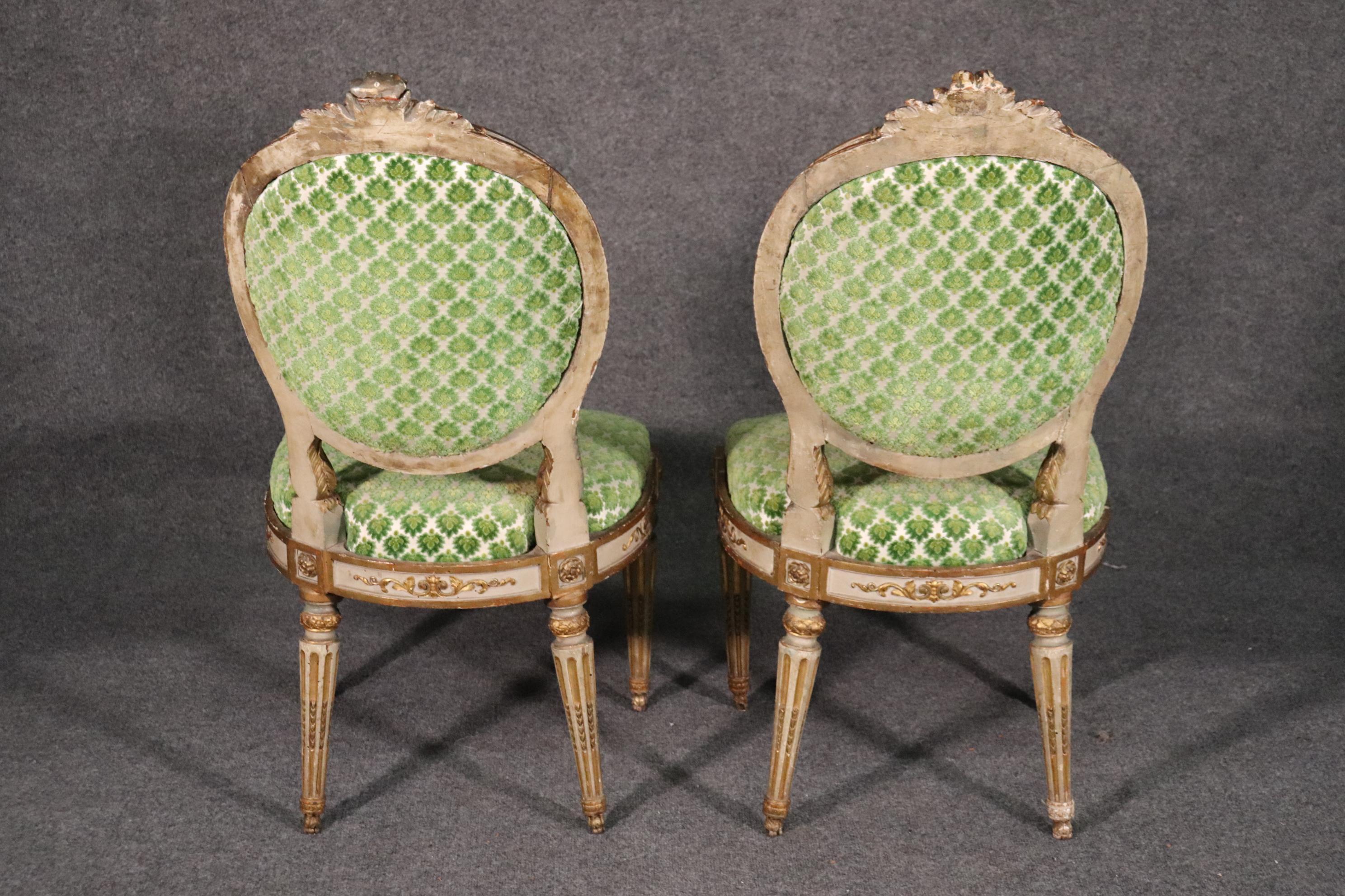 Pair of Period French 1780s Era Louis XVI Paint Decorated Gilded Side Chairs 2