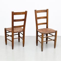 Pair of Charlotte Perriand Mid Century Modern Wood Rattan, Nº 19, French Chairs