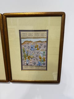 Pair, Persian Manuscript Paintings, Horsemen And Courtly Gathering