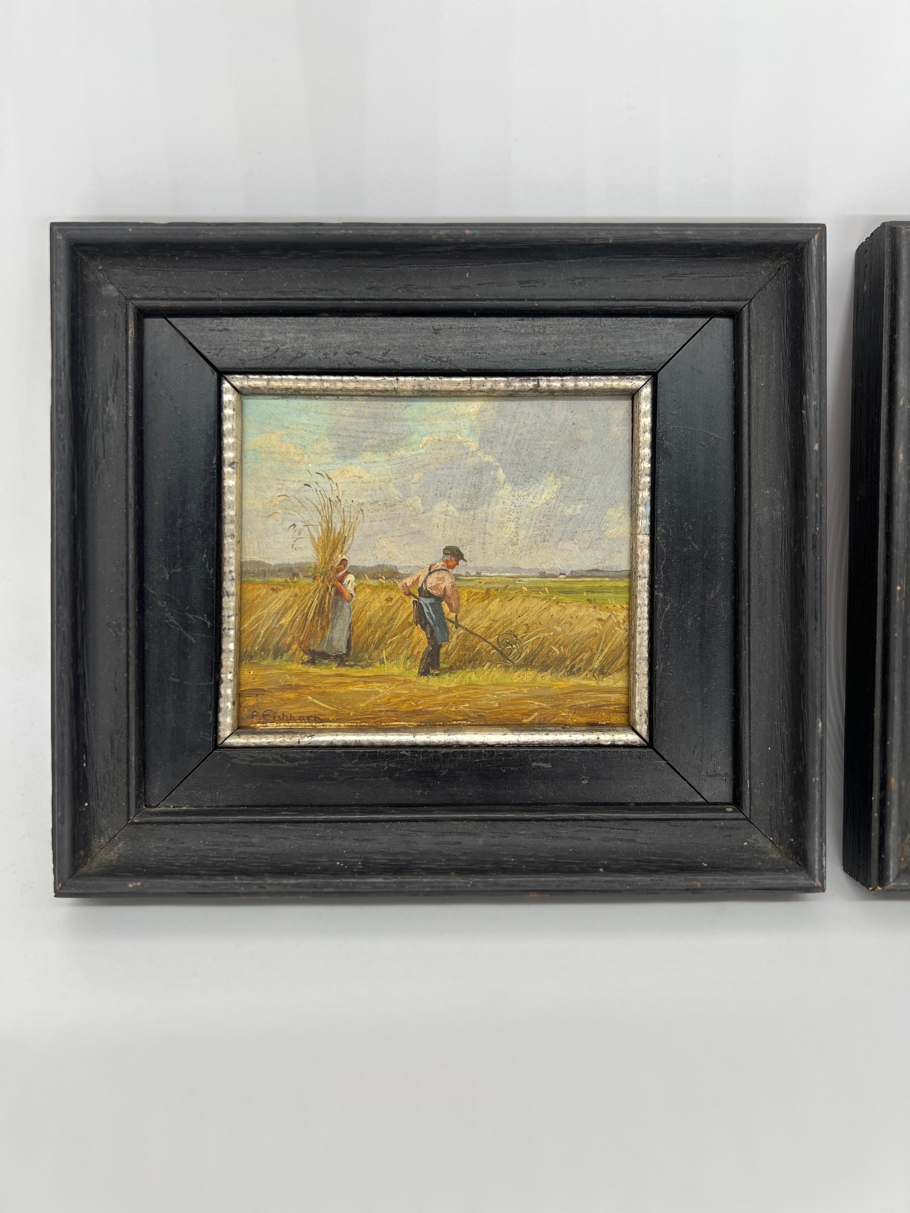 Pair, Peter Eichhorn German Oil on Board Paintings of Field Workers In Good Condition For Sale In Atlanta, GA