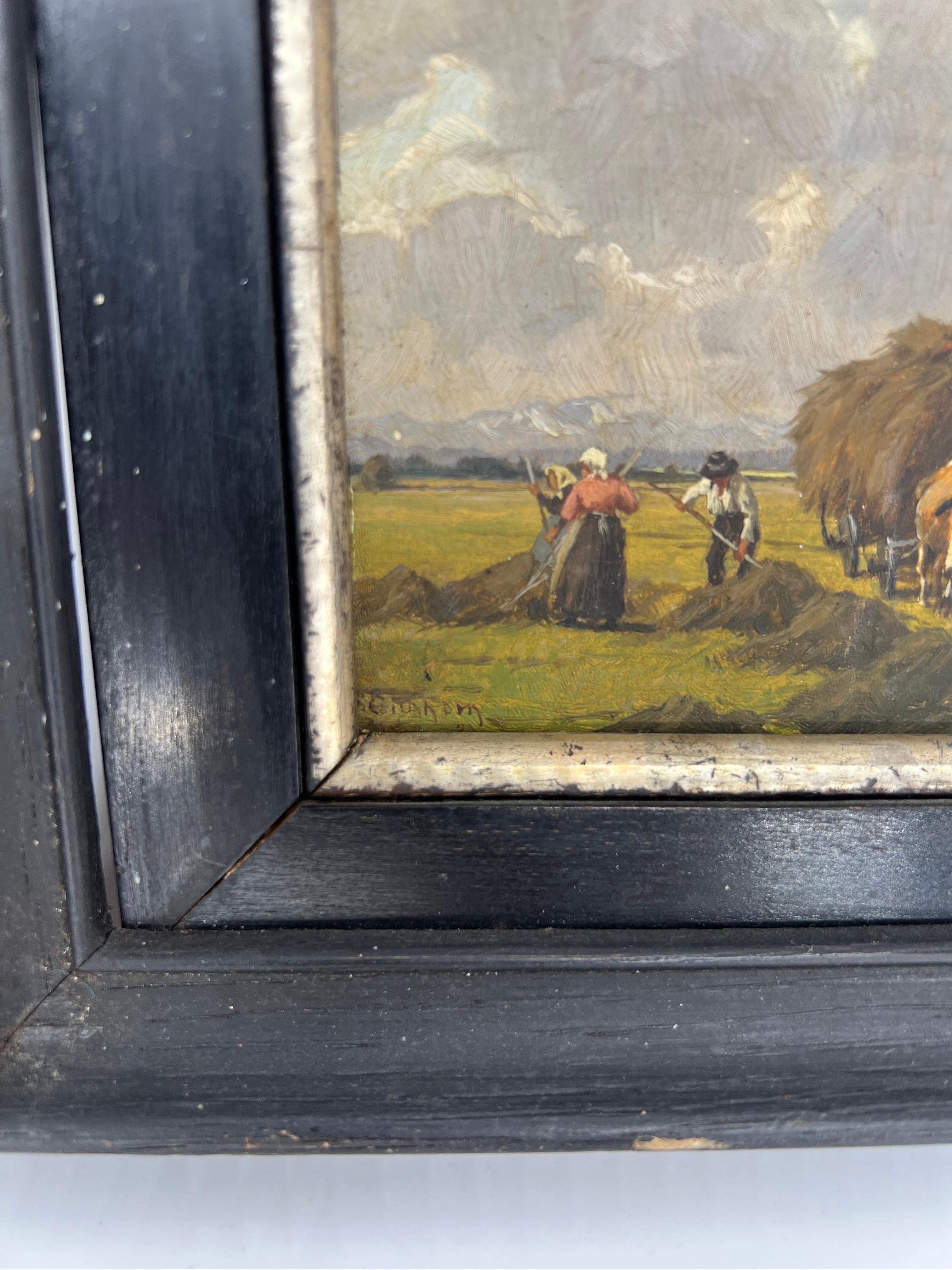 Pair, Peter Eichhorn German Oil on Board Paintings of Field Workers For Sale 1