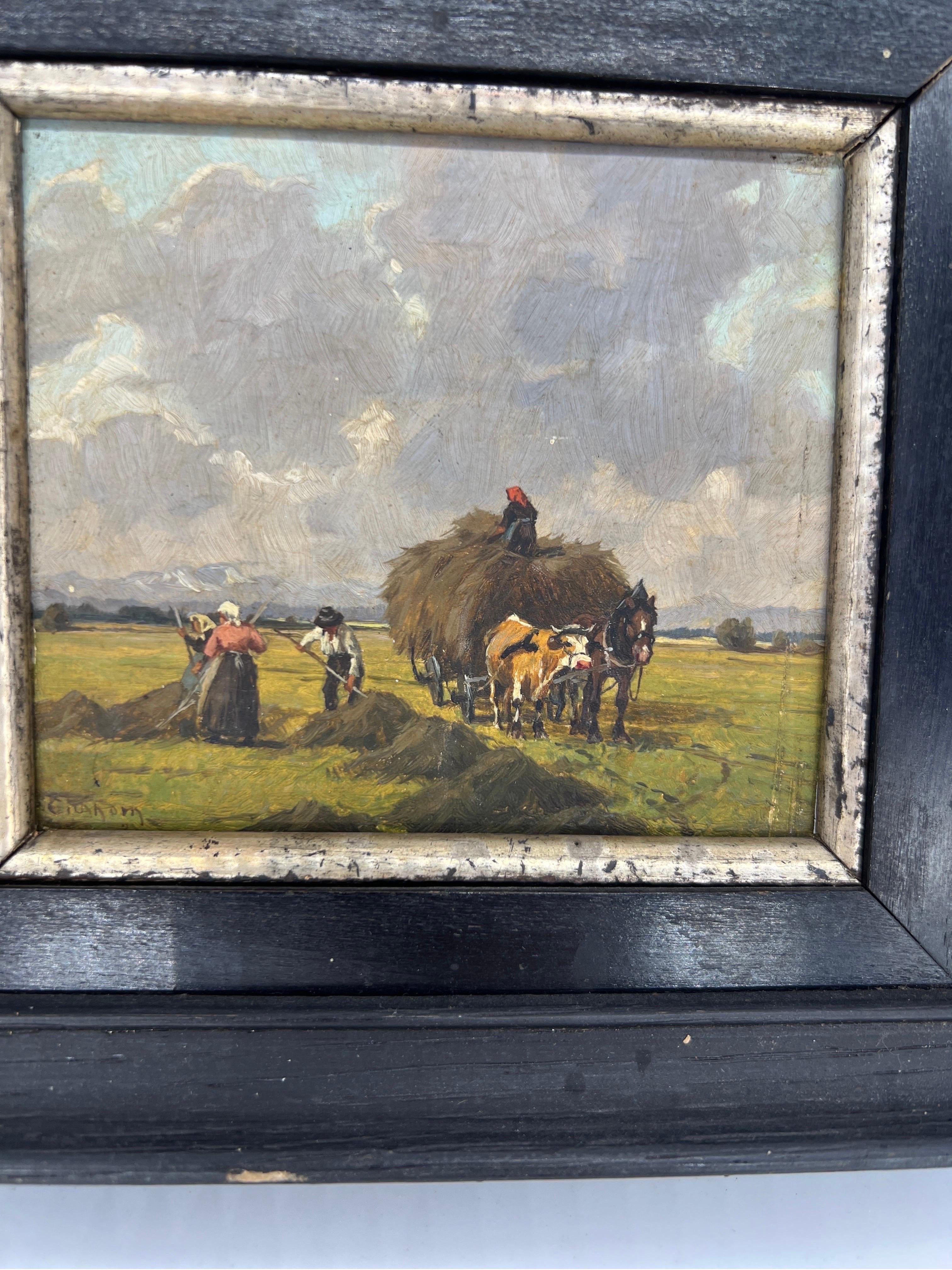 Pair, Peter Eichhorn German Oil on Board Paintings of Field Workers For Sale 2