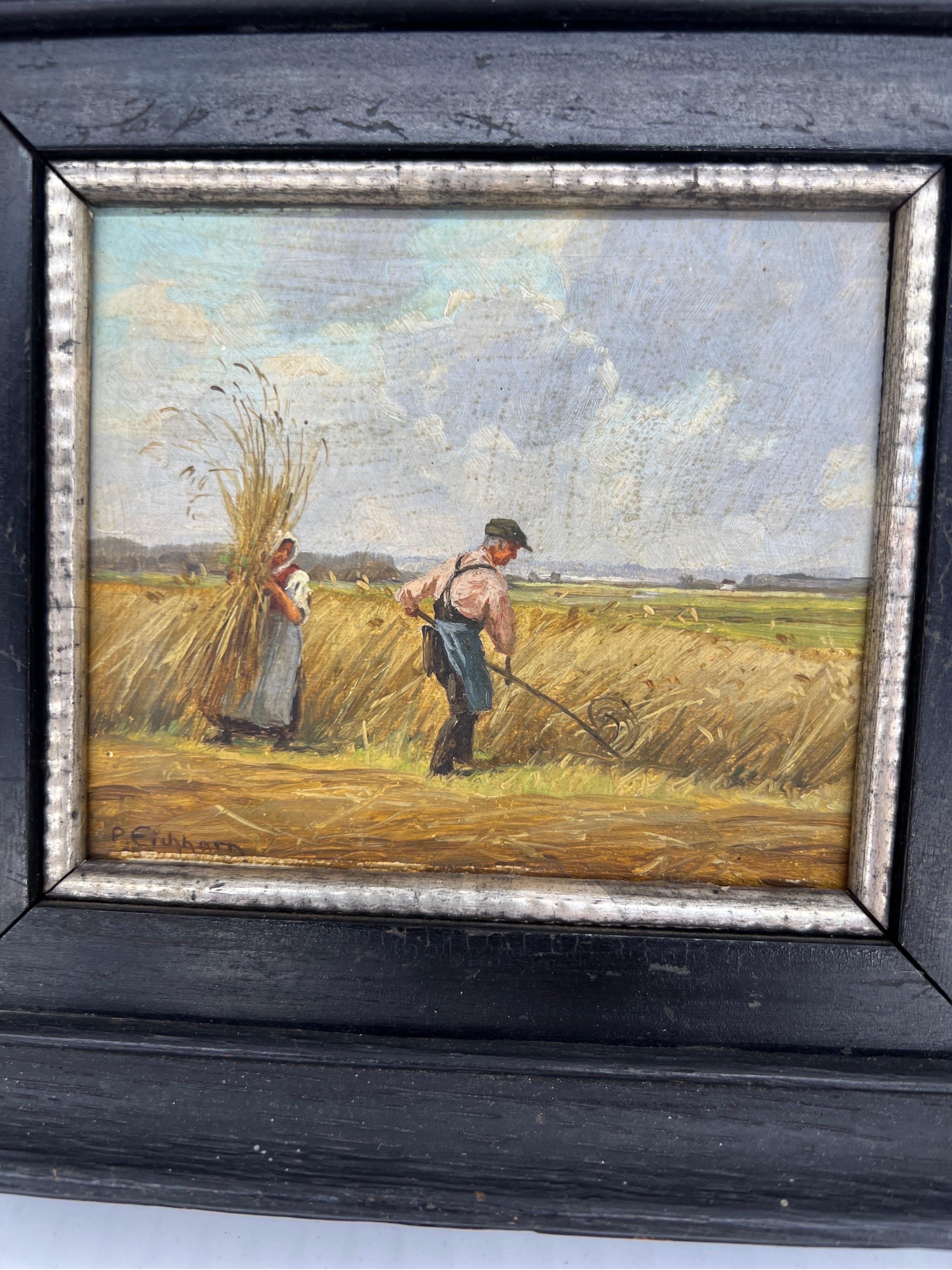 Pair, Peter Eichhorn German Oil on Board Paintings of Field Workers For Sale 3