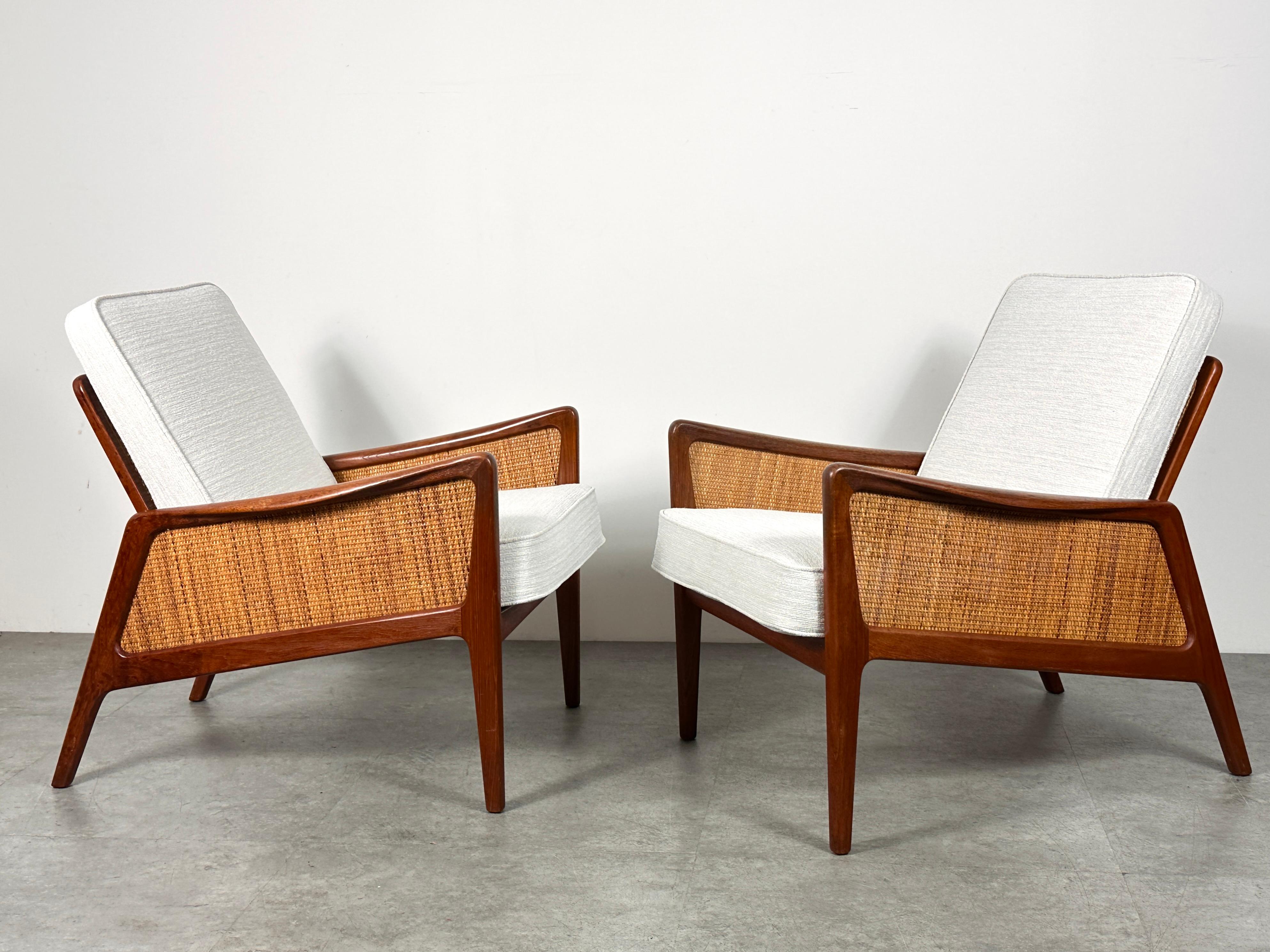 Scandinavian Modern Pair Peter Hvidt & Orla Molgaard Nielsen Model FD 151 Teak & Cane Lounge Chairs