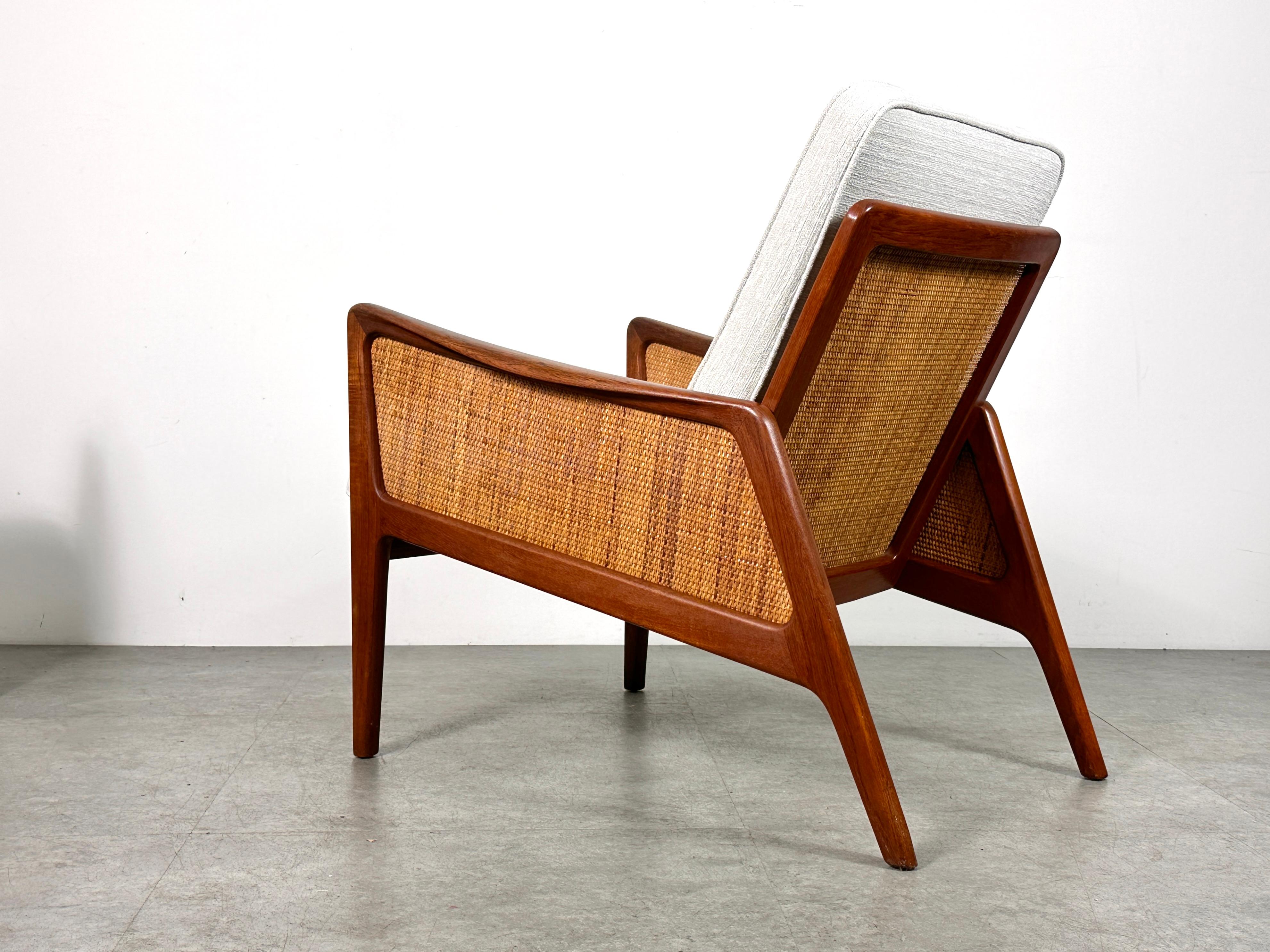 Fabric Pair Peter Hvidt & Orla Molgaard Nielsen Model FD 151 Teak & Cane Lounge Chairs