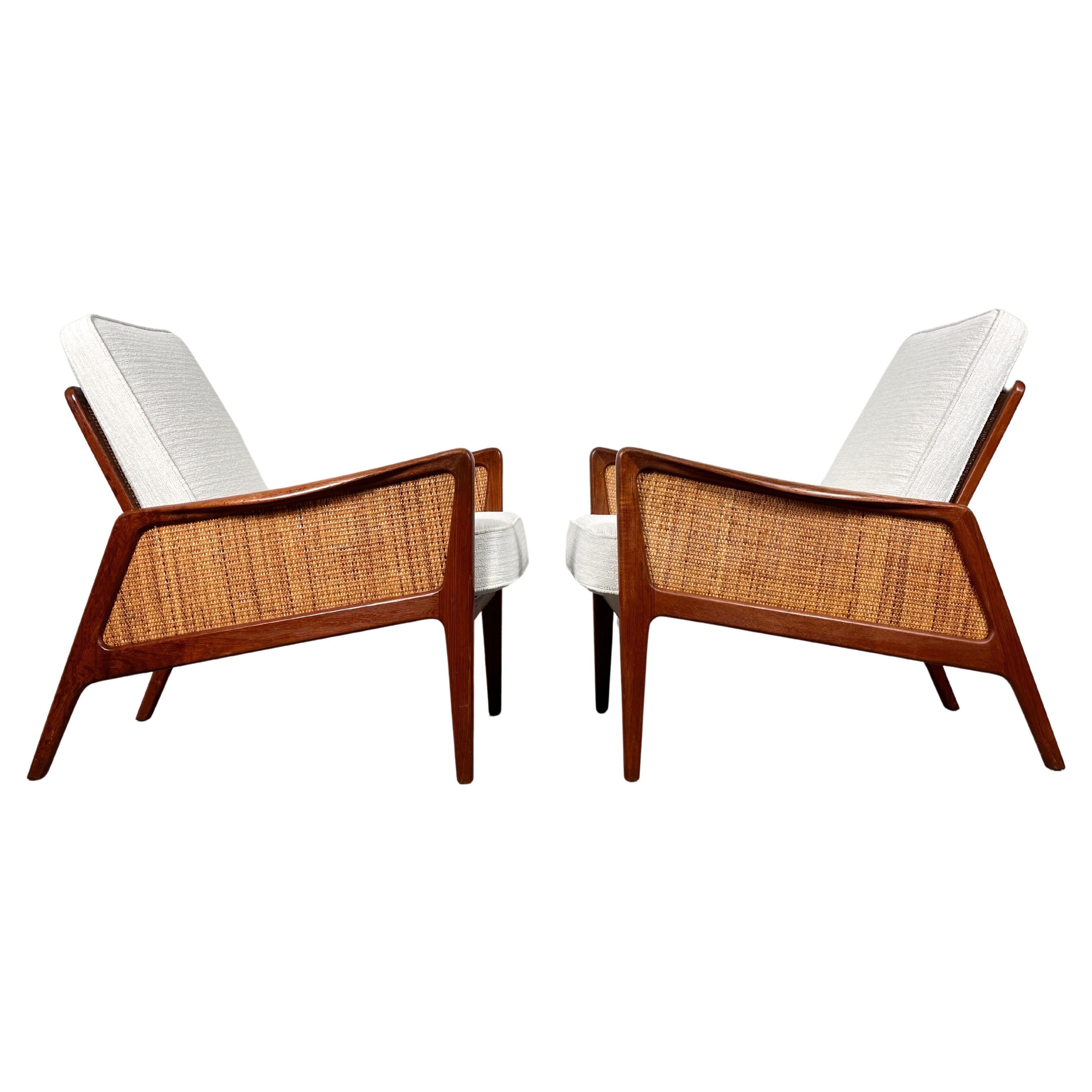 Pair Peter Hvidt & Orla Molgaard Nielsen Model FD 151 Teak & Cane Lounge Chairs