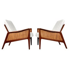 Used Pair Peter Hvidt & Orla Molgaard Nielsen Model FD 151 Teak & Cane Lounge Chairs