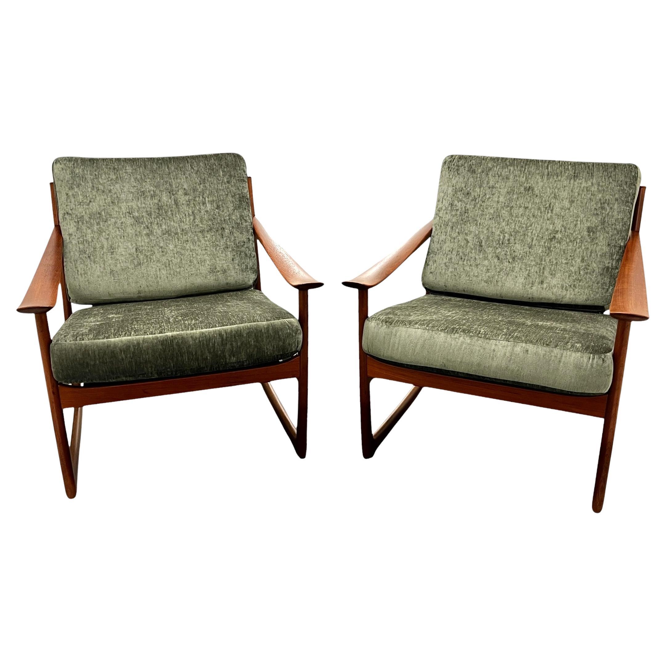 Pair Peter Hvidt & Orla Molgaard-Nielsen Teak Lounge Chairs for France & Son
