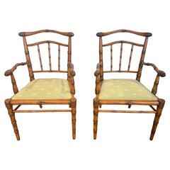 Pair, Peter Rocchia The Wicker Works Carved Faux Bois Bamboo Armchairs