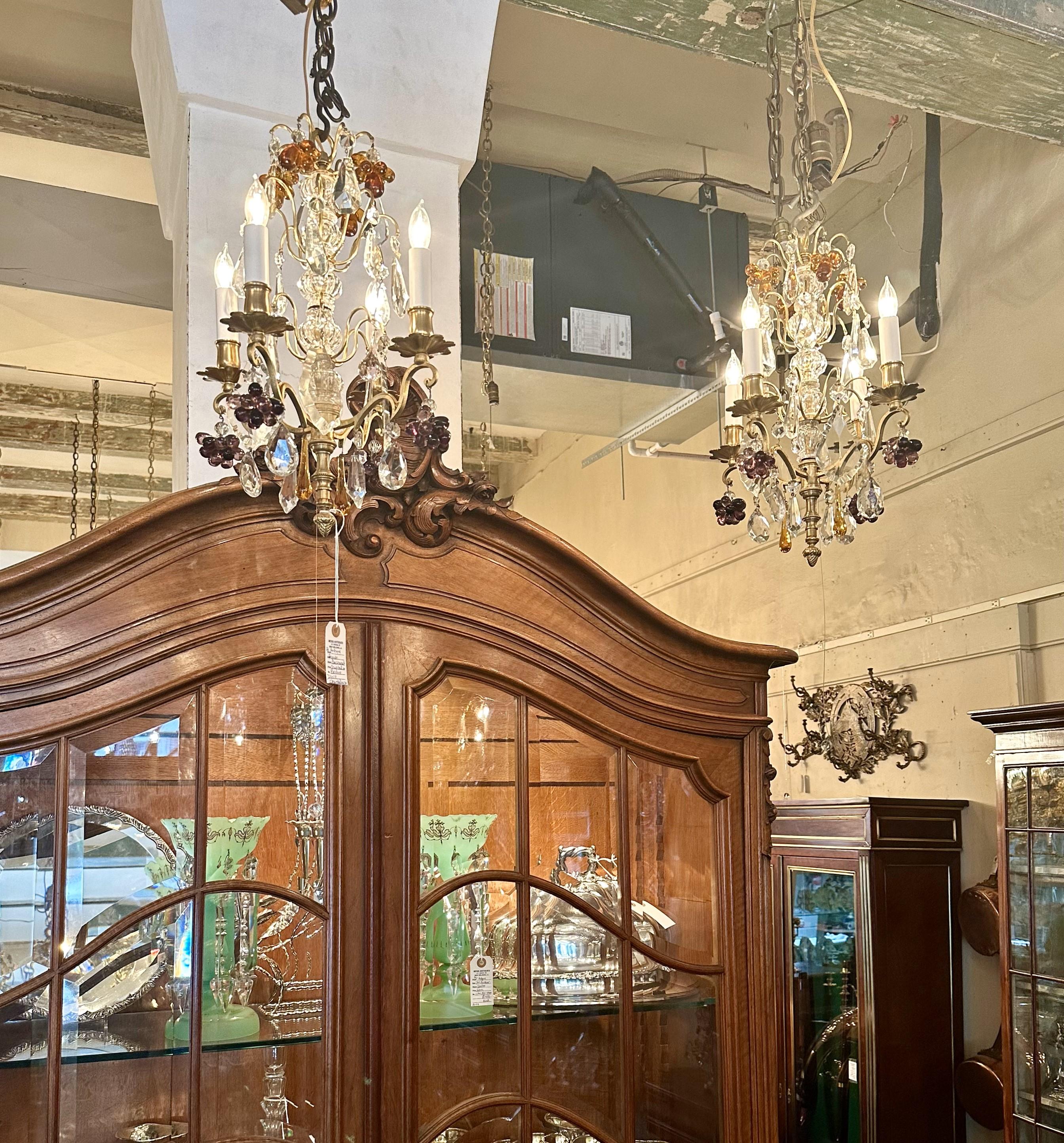 Pair Petite Antique French Baccarat Crystal & Bronze D'ore Chandeliers, Ca 1890 For Sale 3